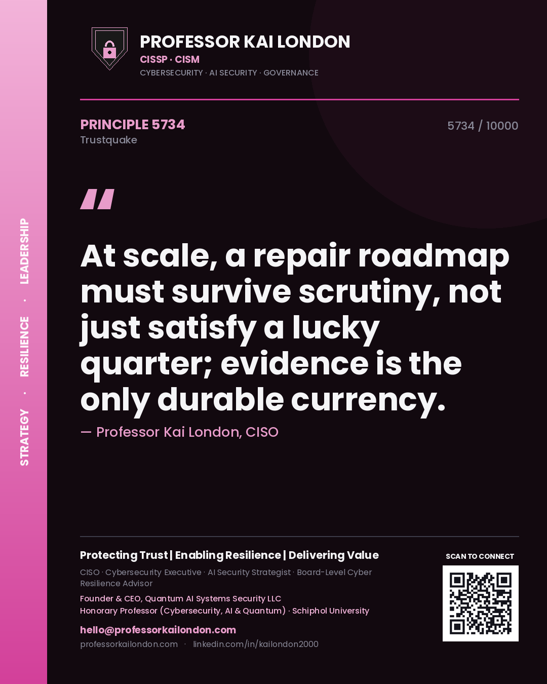 Quote card by Professor Kai London reading 'At scale, a repair roadmap must survive scrutiny, not just satisfy a lucky quarter; evidence is the only durable currency.'. From the book Trustquake.