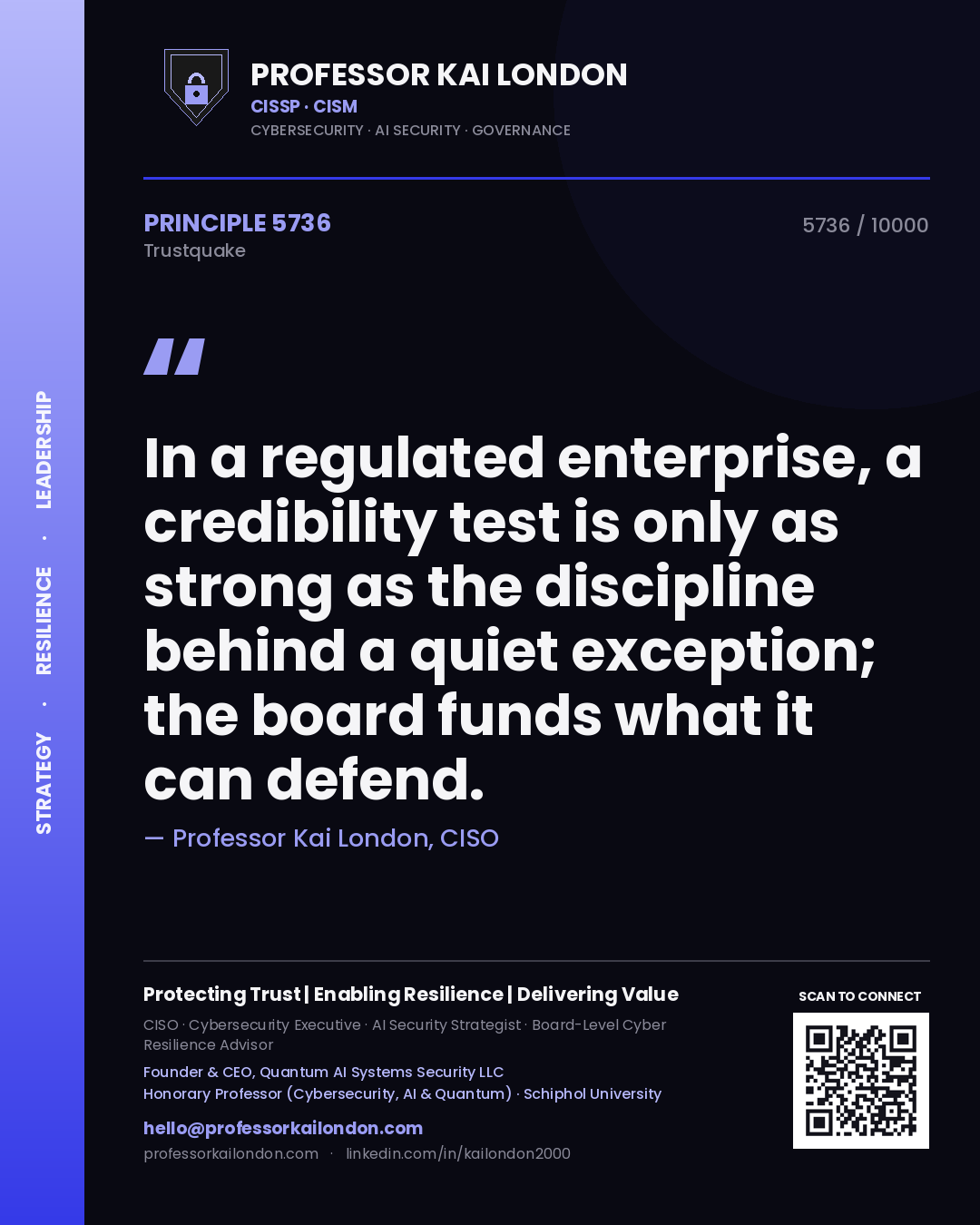 Quote card by Professor Kai London reading 'In a regulated enterprise, a credibility test is only as strong as the discipline behind a quiet exception; the board funds what it can defend.'. From the book Trustquake.