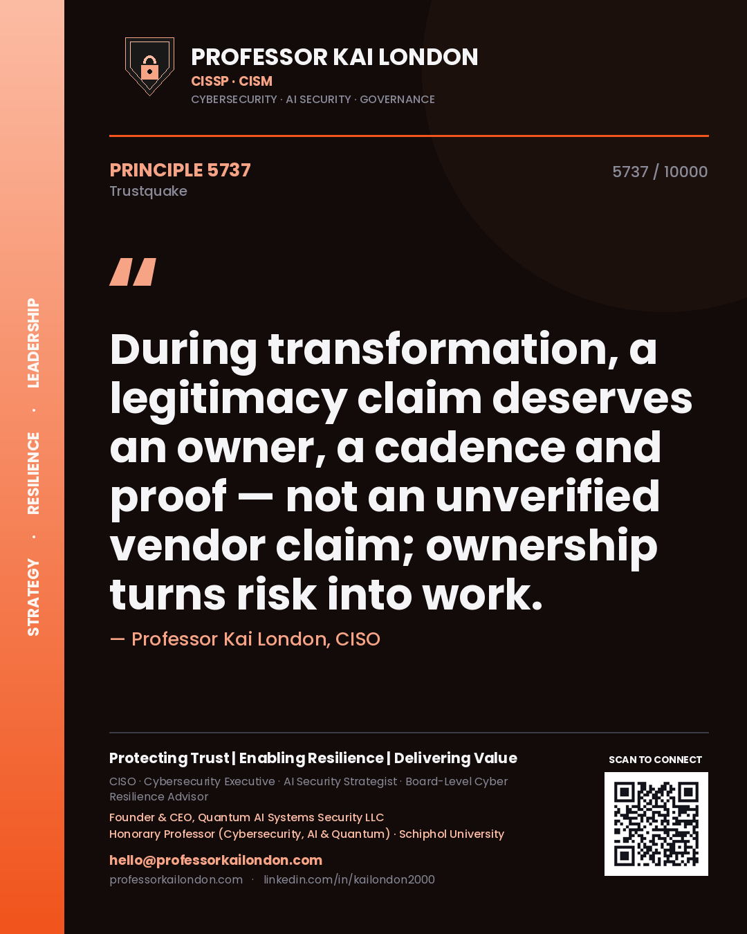 Professor Kai London principle 5737: During transformation, a legitimacy claim deserves an owner, a cadence and proof — not an unverified vendor claim; ownership turns risk into work.