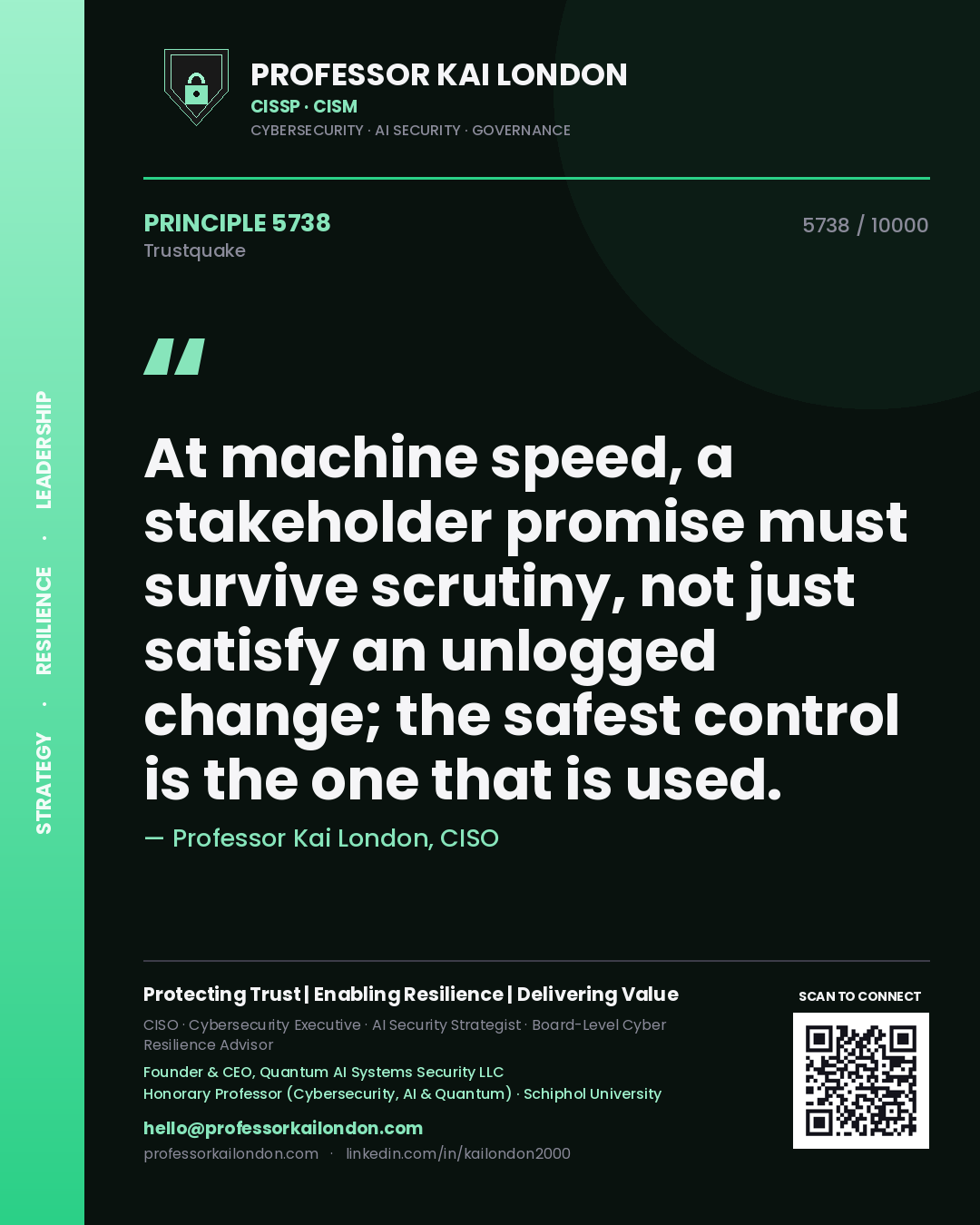 Quote card by Professor Kai London reading 'At machine speed, a stakeholder promise must survive scrutiny, not just satisfy an unlogged change; the safest control is the one that is used.'. From the book Trustquake.