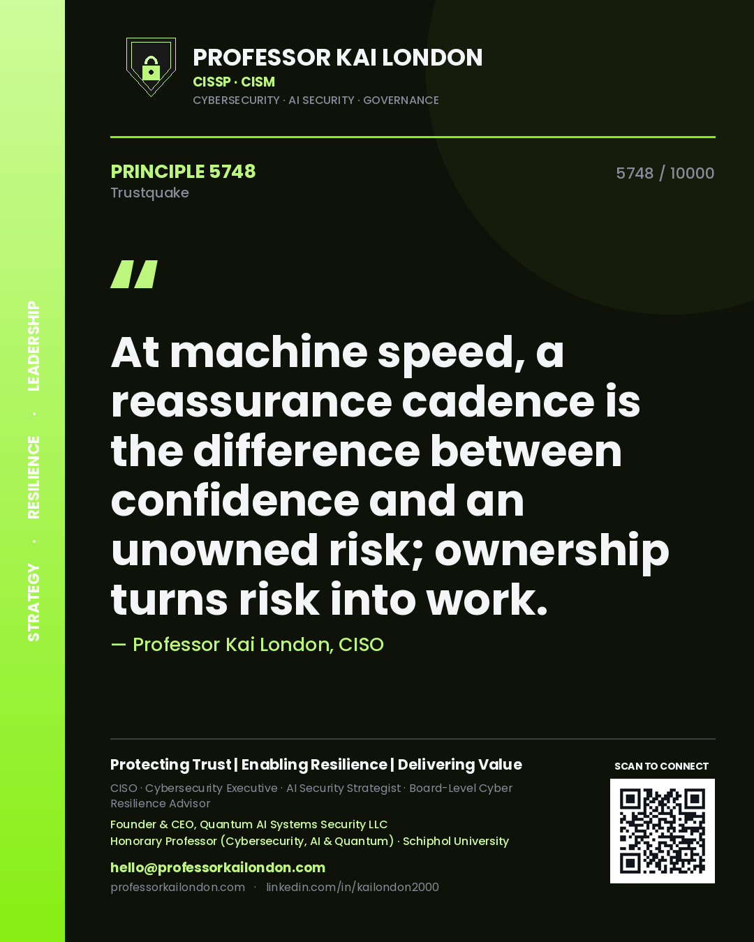 Professor Kai London principle 5748: At machine speed, a reassurance cadence is the difference between confidence and an unowned risk; ownership turns risk into work.
