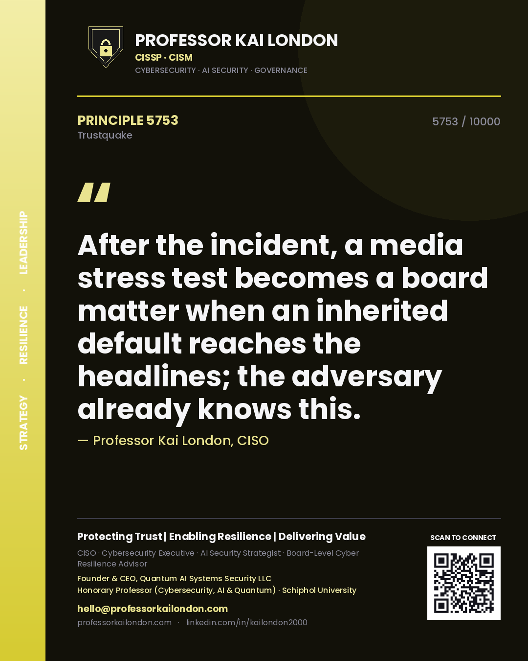 Professor Kai London principle 5753: After the incident, a media stress test becomes a board matter when an inherited default reaches the headlines; the adversary already knows this.