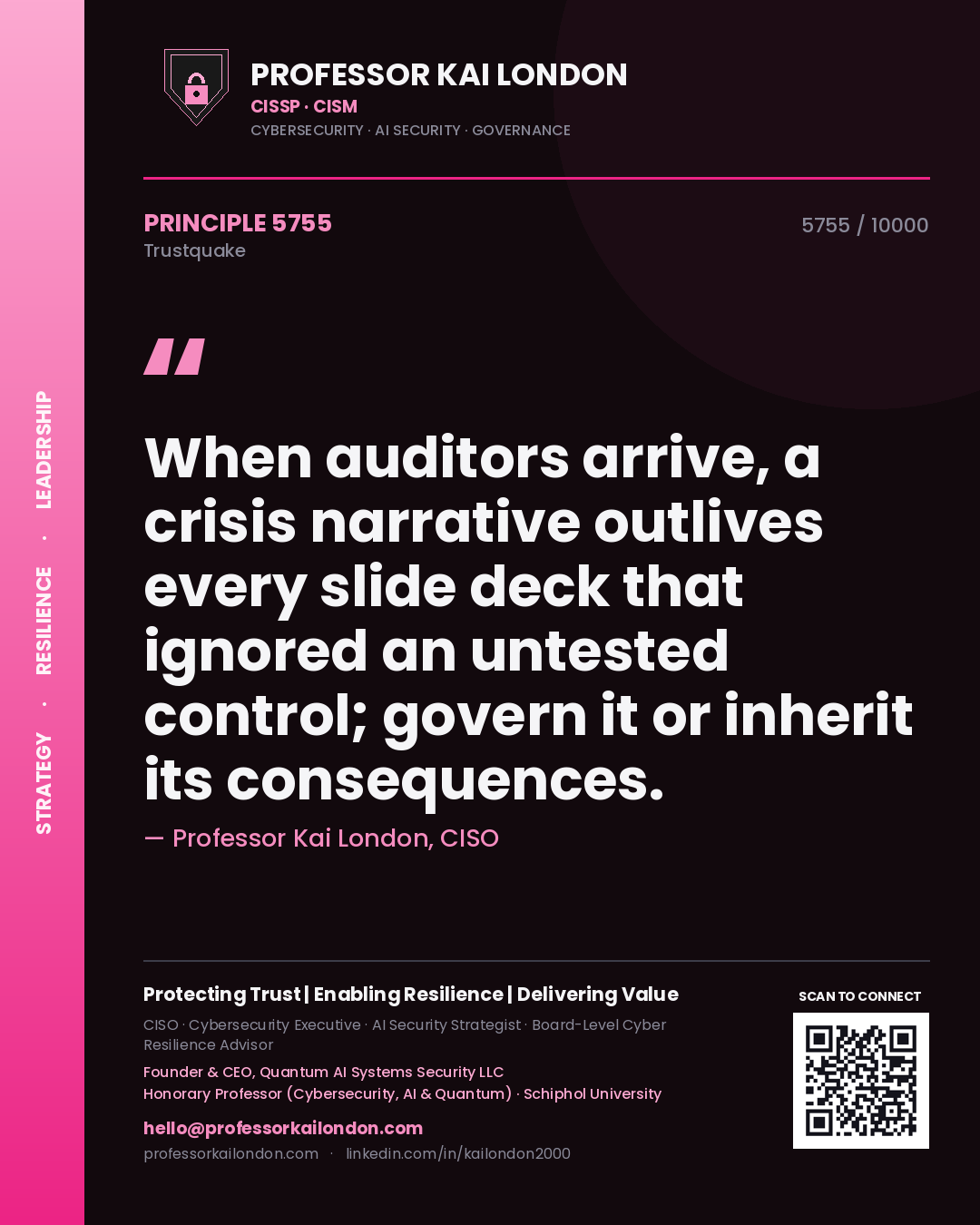 Quote card by Professor Kai London reading 'When auditors arrive, a crisis narrative outlives every slide deck that ignored an untested control; govern it or inherit its consequences.'. From the book Trustquake.