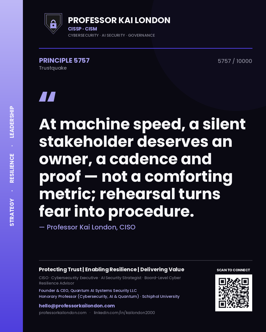 Professor Kai London principle 5757: At machine speed, a silent stakeholder deserves an owner, a cadence and proof — not a comforting metric; rehearsal turns fear into procedure.