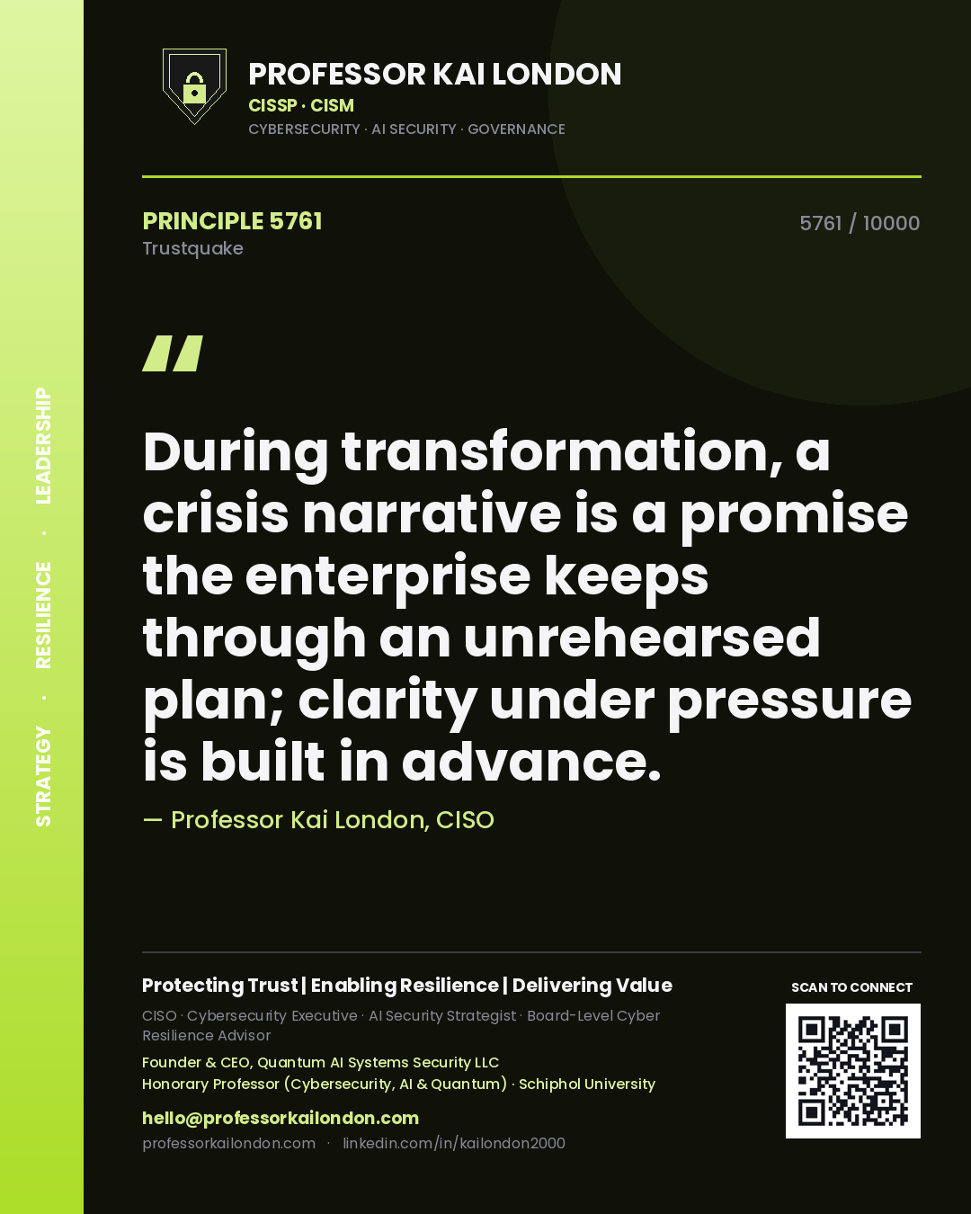 Quote card by Professor Kai London reading 'During transformation, a crisis narrative is a promise the enterprise keeps through an unrehearsed plan; clarity under pressure is built in advance.'. From the book Trustquake.