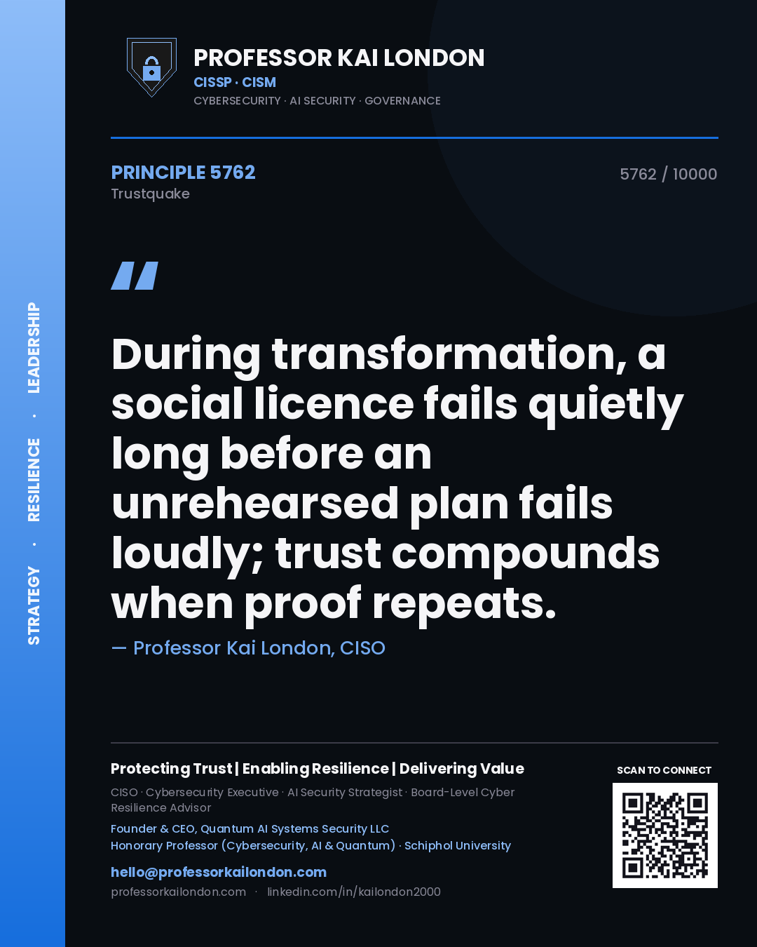 Professor Kai London principle 5762: During transformation, a social licence fails quietly long before an unrehearsed plan fails loudly; trust compounds when proof repeats.