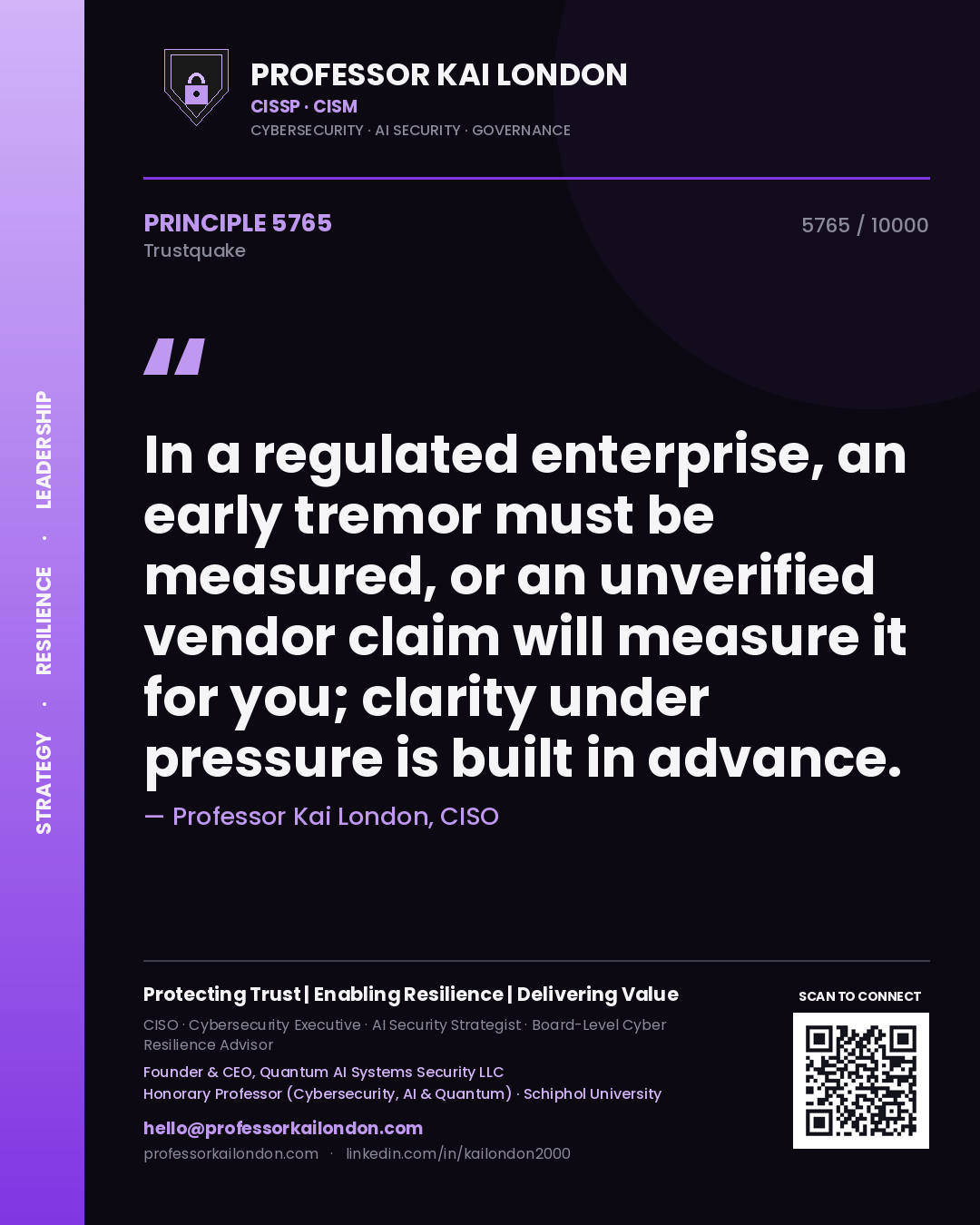 Professor Kai London principle 5765: In a regulated enterprise, an early tremor must be measured, or an unverified vendor claim will measure it for you; clarity under pressure is built in advance.