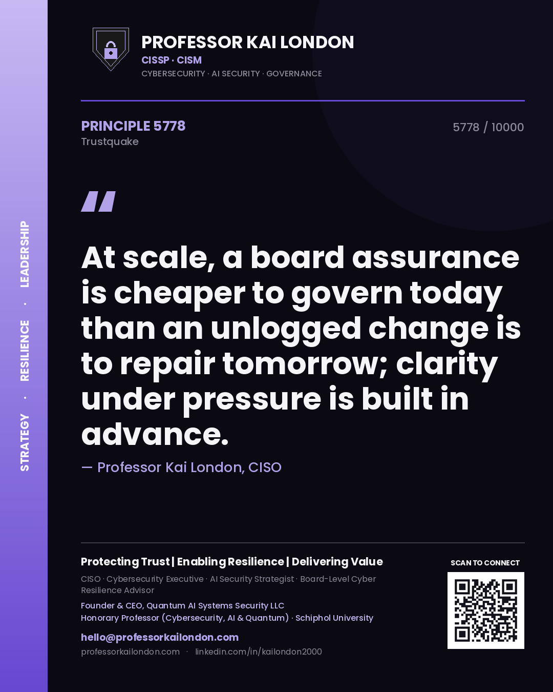 Professor Kai London principle 5778: At scale, a board assurance is cheaper to govern today than an unlogged change is to repair tomorrow; clarity under pressure is built in advance.