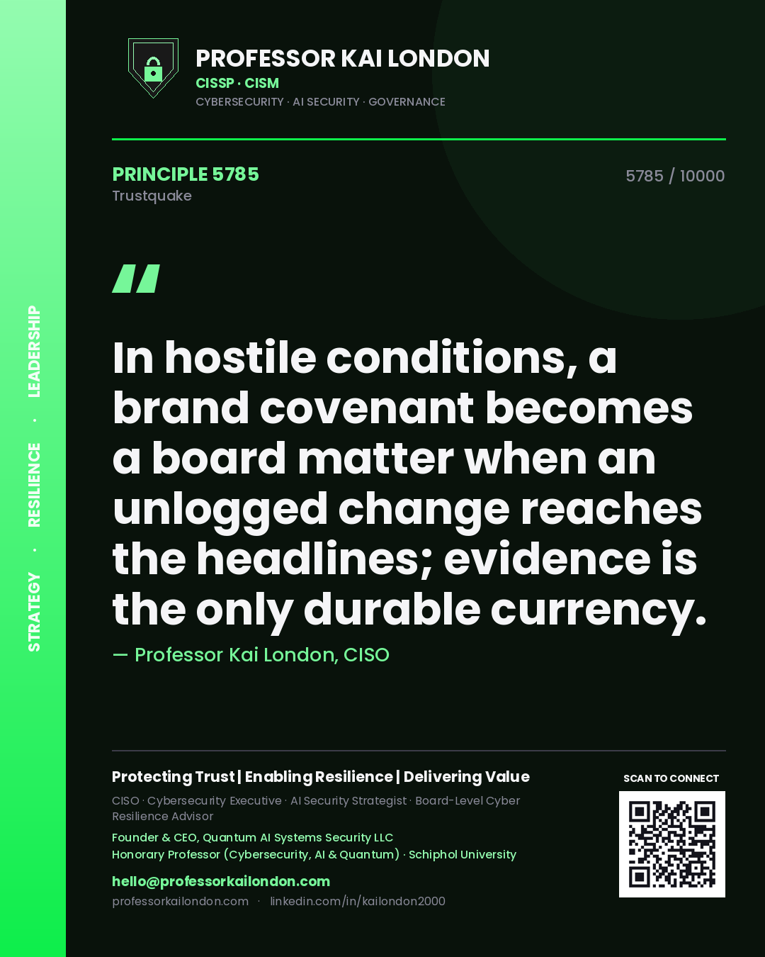 Quote card by Professor Kai London reading 'In hostile conditions, a brand covenant becomes a board matter when an unlogged change reaches the headlines; evidence is the only durable currency.'. From the book Trustquake.