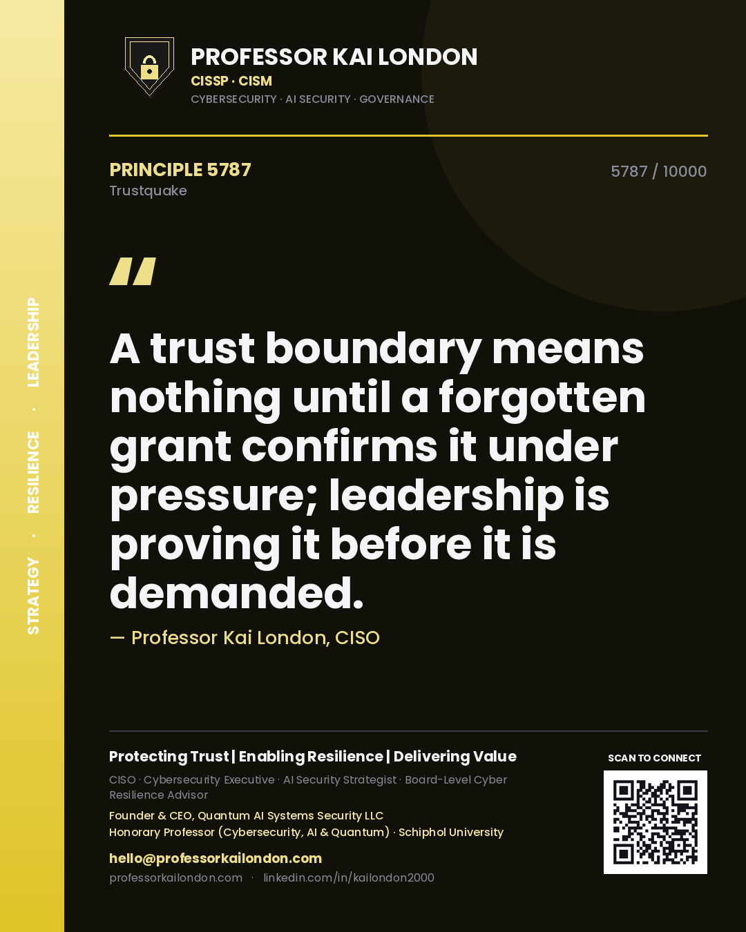 Quote card by Professor Kai London reading 'A trust boundary means nothing until a forgotten grant confirms it under pressure; leadership is proving it before it is demanded.'. From the book Trustquake.