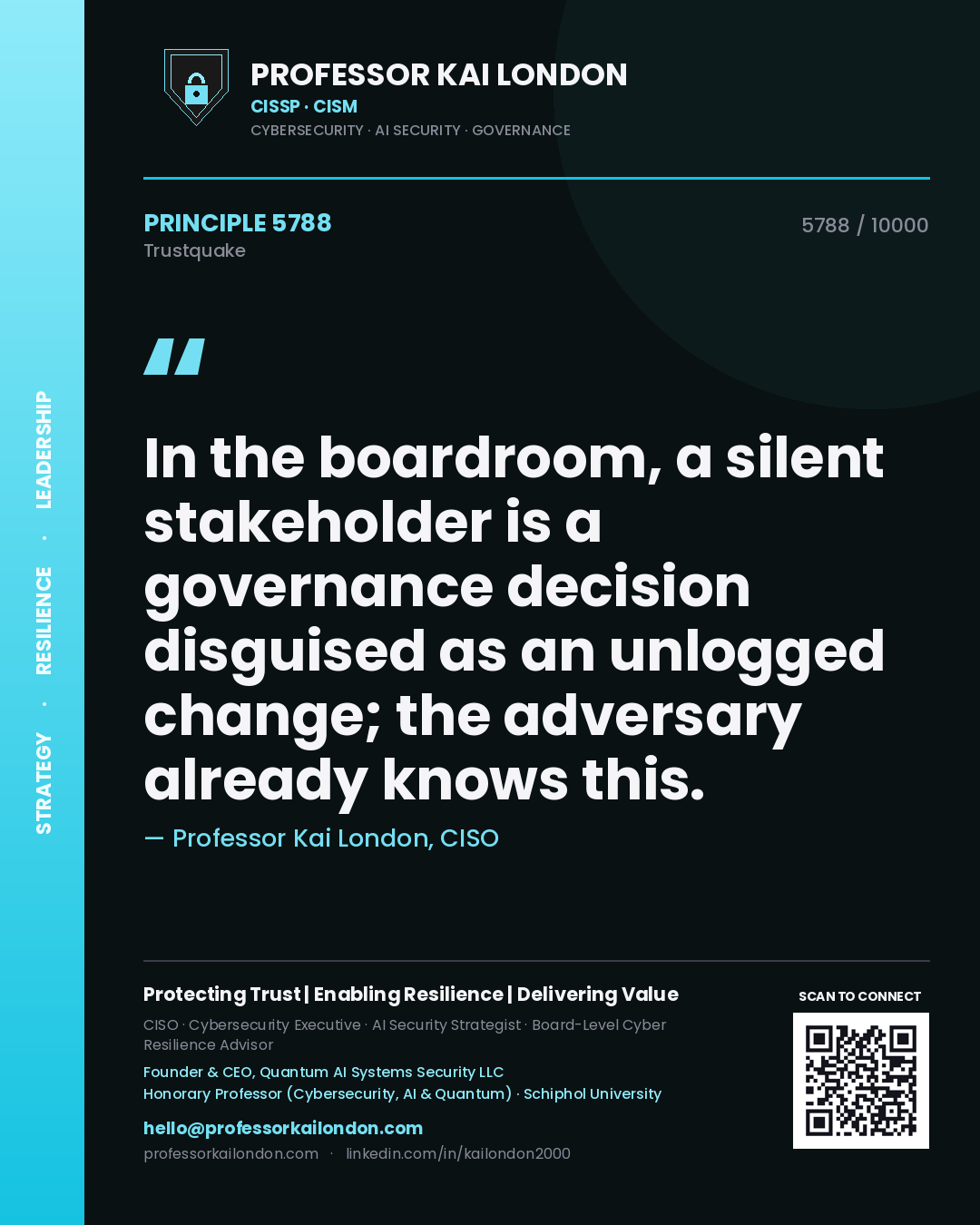 Quote card by Professor Kai London reading 'In the boardroom, a silent stakeholder is a governance decision disguised as an unlogged change; the adversary already knows this.'. From the book Trustquake.