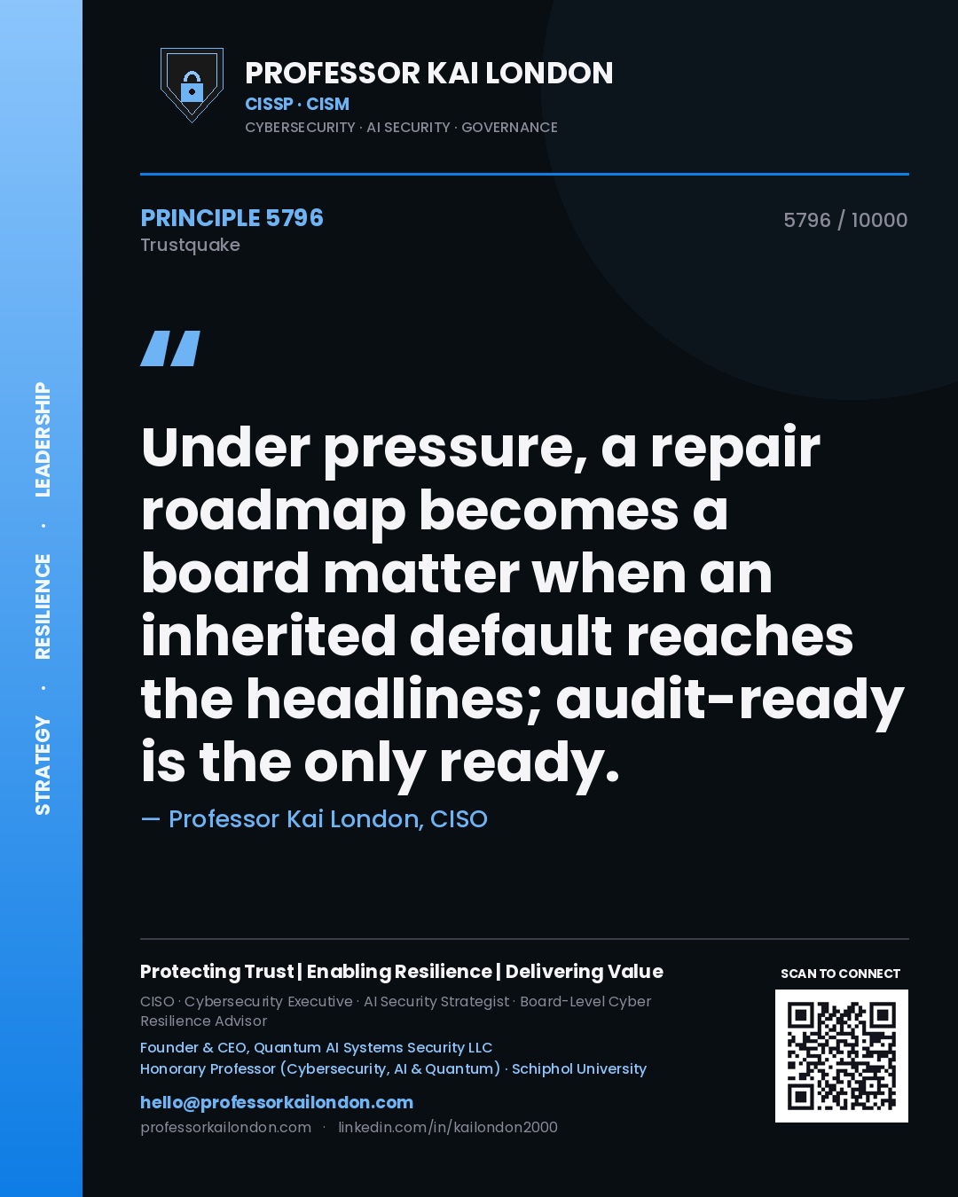 Quote card by Professor Kai London reading 'Under pressure, a repair roadmap becomes a board matter when an inherited default reaches the headlines; audit-ready is the only ready.'. From the book Trustquake.