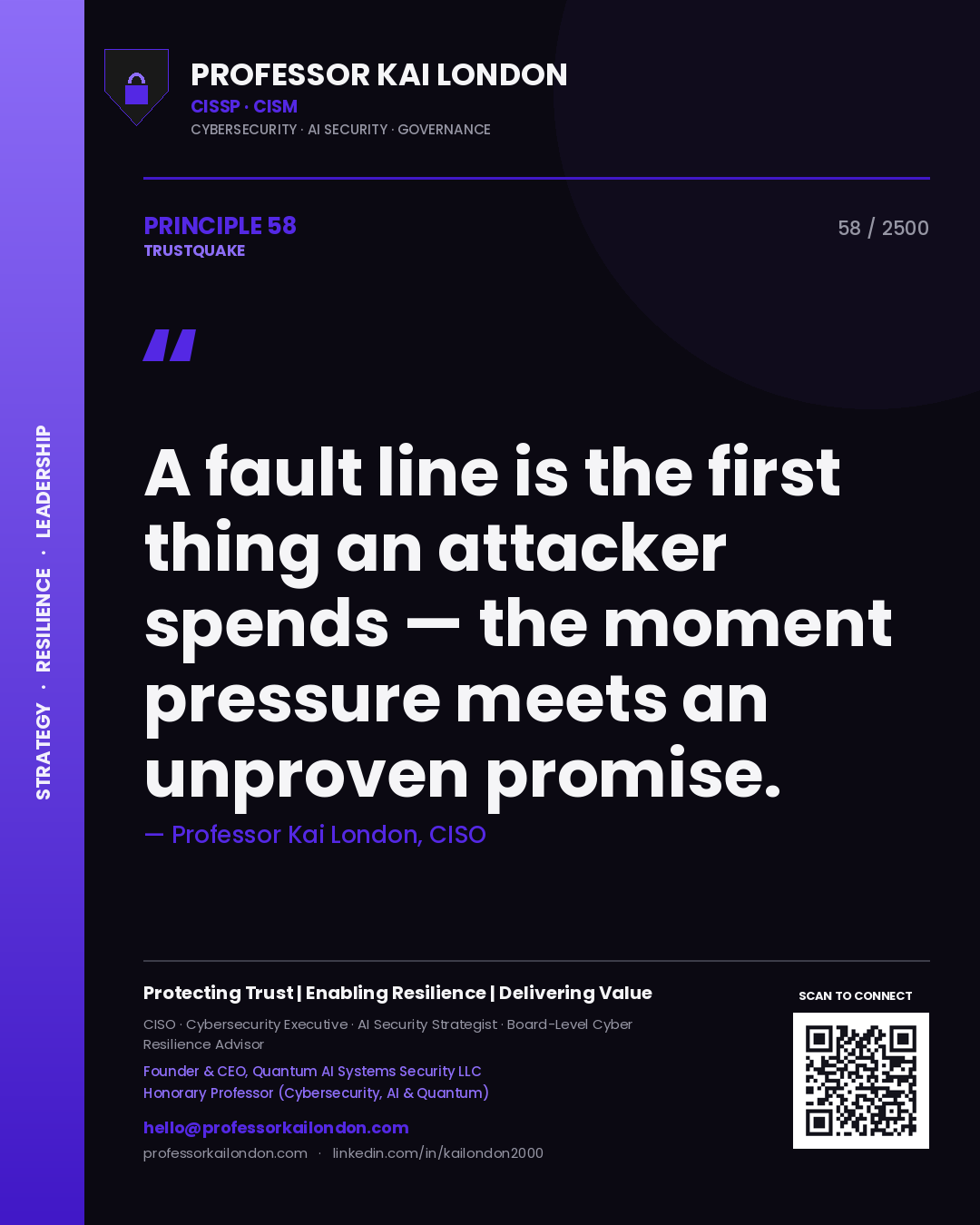 Quote card by Professor Kai London reading 'A fault line is the first thing an attacker spends — the moment pressure meets an unproven promise.'. From the book Trustquake.