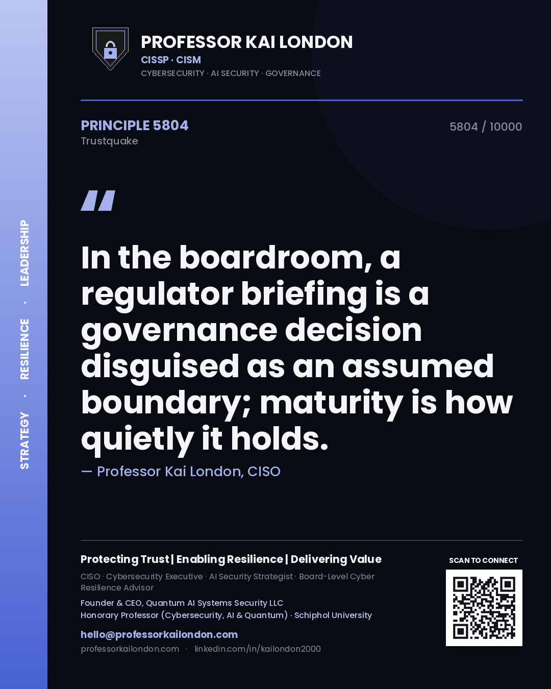 Professor Kai London principle 5804: In the boardroom, a regulator briefing is a governance decision disguised as an assumed boundary; maturity is how quietly it holds.