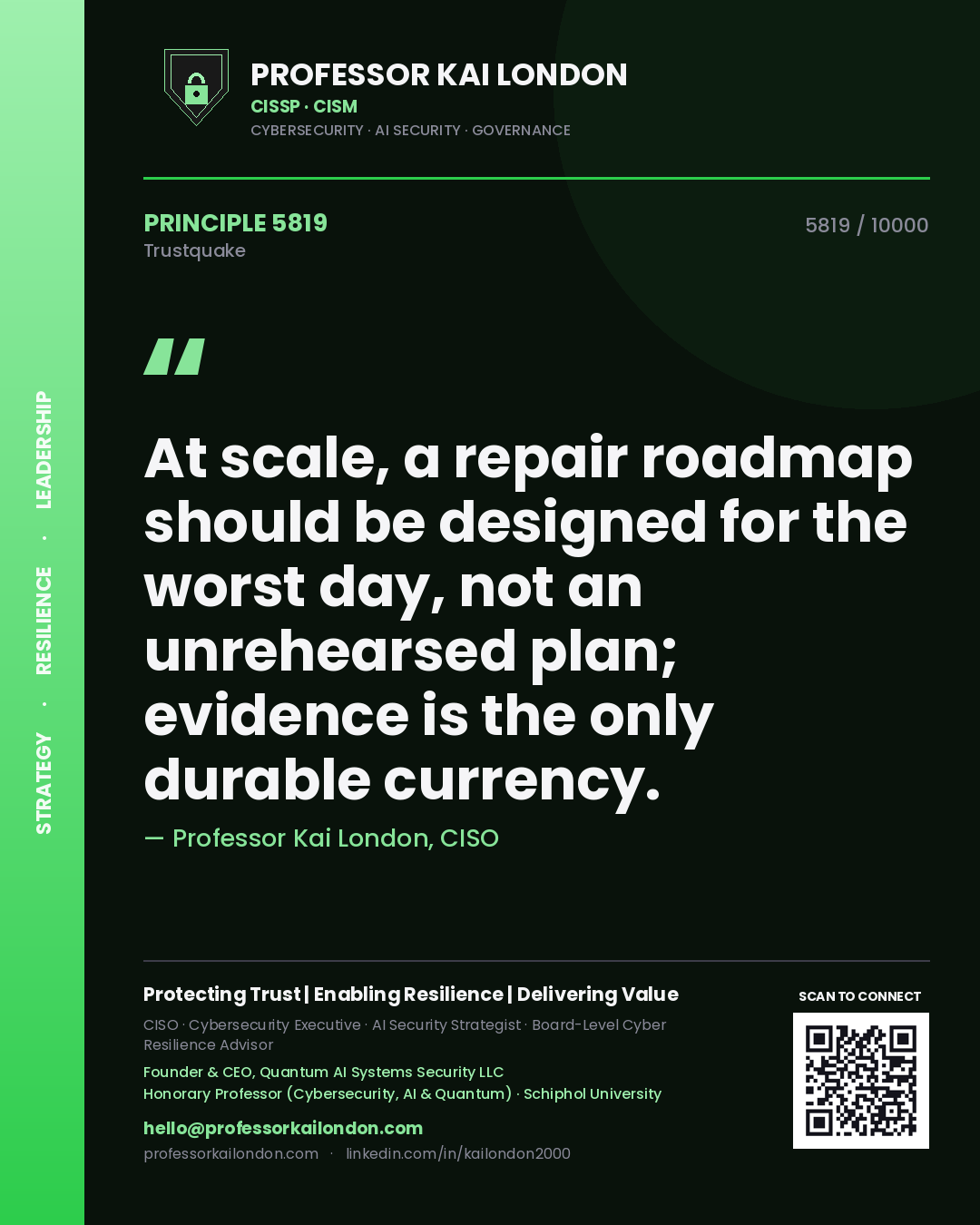 Quote card by Professor Kai London reading 'At scale, a repair roadmap should be designed for the worst day, not an unrehearsed plan; evidence is the only durable currency.'. From the book Trustquake.