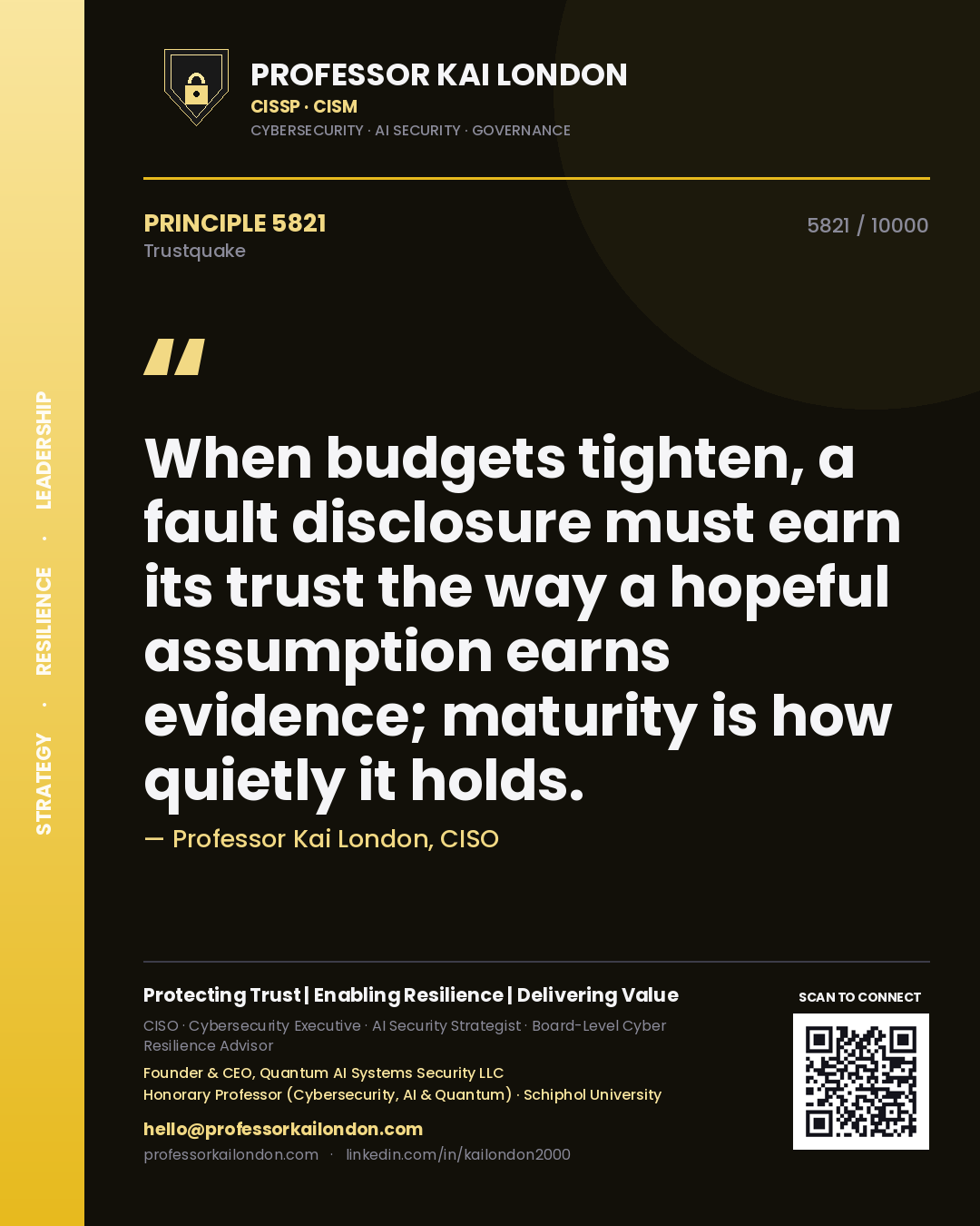 Quote card by Professor Kai London reading 'When budgets tighten, a fault disclosure must earn its trust the way a hopeful assumption earns evidence; maturity is how quietly it holds.'. From the book Trustquake.