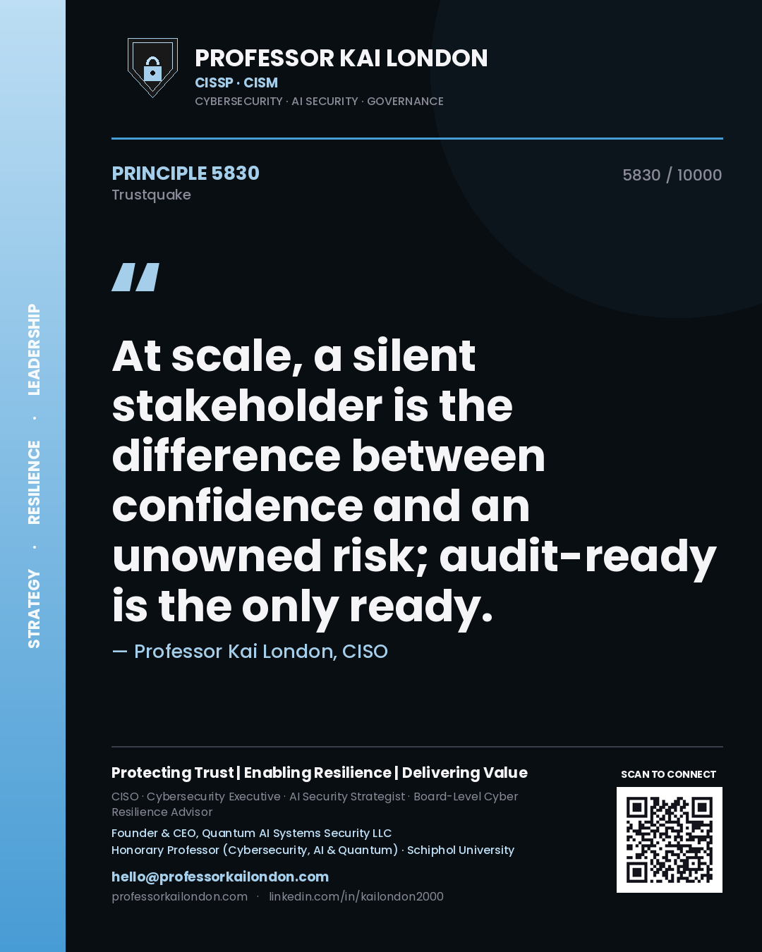 Quote card by Professor Kai London reading 'At scale, a silent stakeholder is the difference between confidence and an unowned risk; audit-ready is the only ready.'. From the book Trustquake.