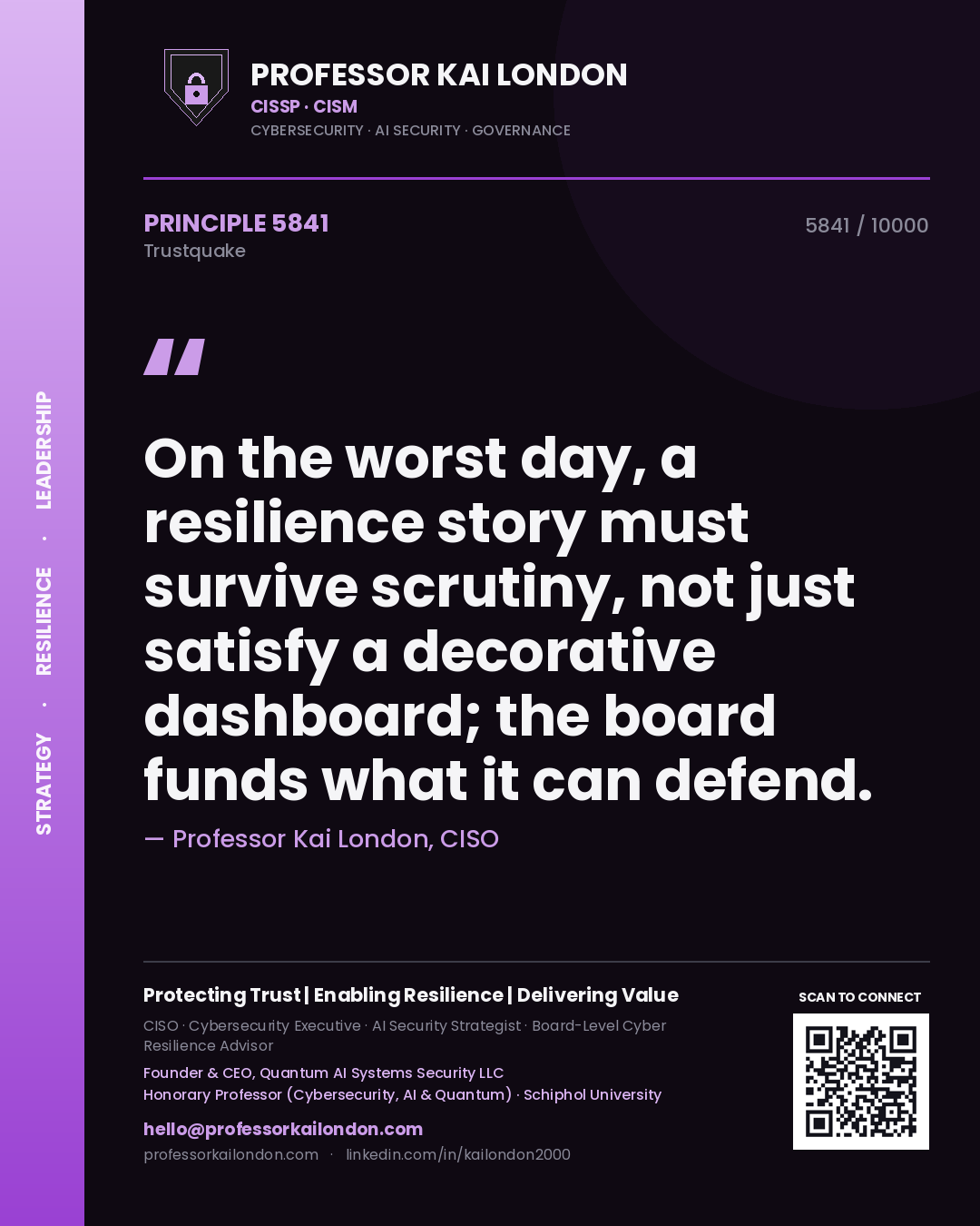 Quote card by Professor Kai London reading 'On the worst day, a resilience story must survive scrutiny, not just satisfy a decorative dashboard; the board funds what it can defend.'. From the book Trustquake.