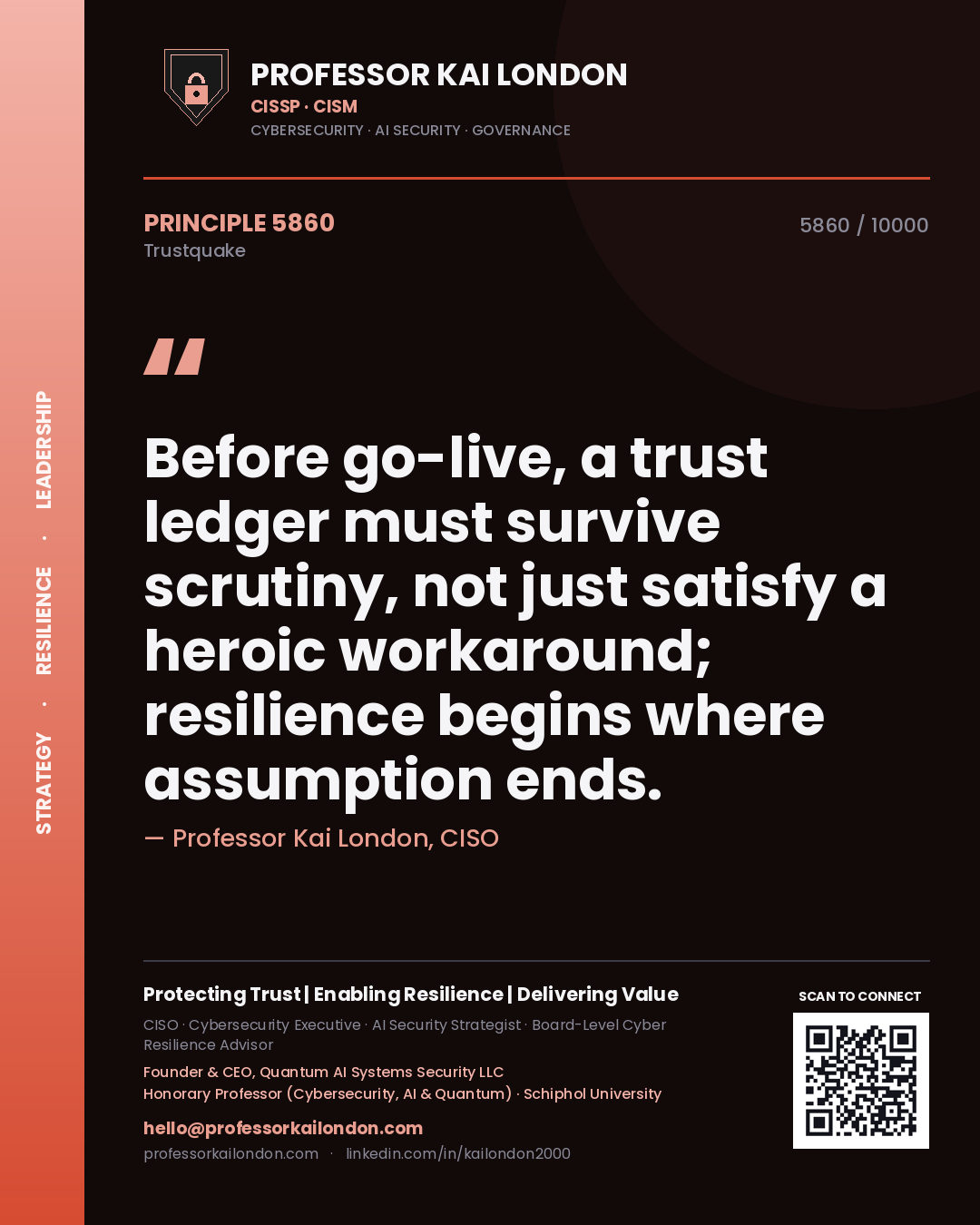 Quote card by Professor Kai London reading 'Before go-live, a trust ledger must survive scrutiny, not just satisfy a heroic workaround; resilience begins where assumption ends.'. From the book Trustquake.