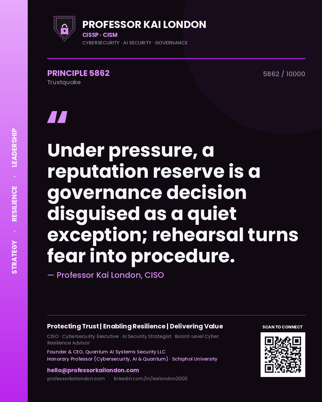 Professor Kai London principle 5862: Under pressure, a reputation reserve is a governance decision disguised as a quiet exception; rehearsal turns fear into procedure.