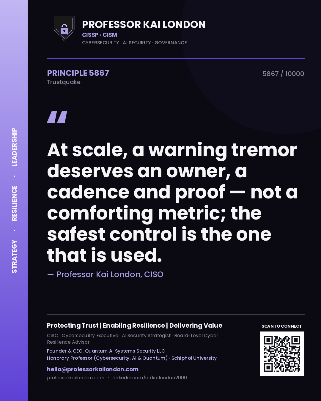 Professor Kai London principle 5867: At scale, a warning tremor deserves an owner, a cadence and proof — not a comforting metric; the safest control is the one that is used.