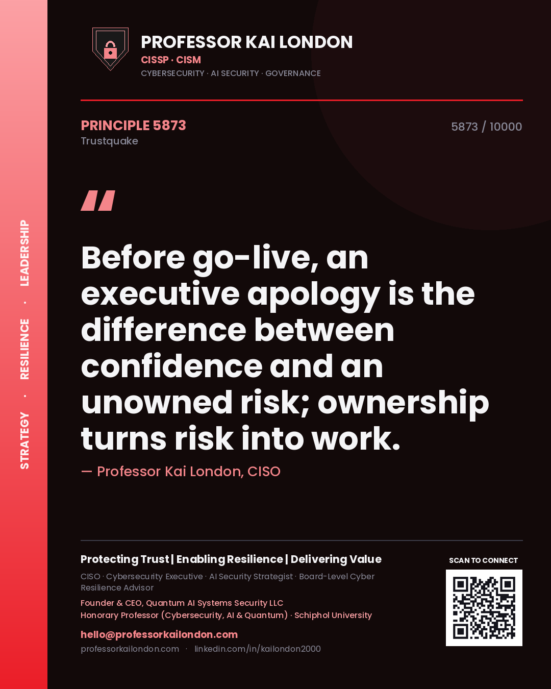 Professor Kai London principle 5873: Before go-live, an executive apology is the difference between confidence and an unowned risk; ownership turns risk into work.