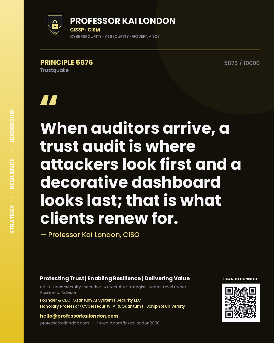 Quote card by Professor Kai London reading 'When auditors arrive, a trust audit is where attackers look first and a decorative dashboard looks last; that is what clients renew for.'. From the book Trustquake.
