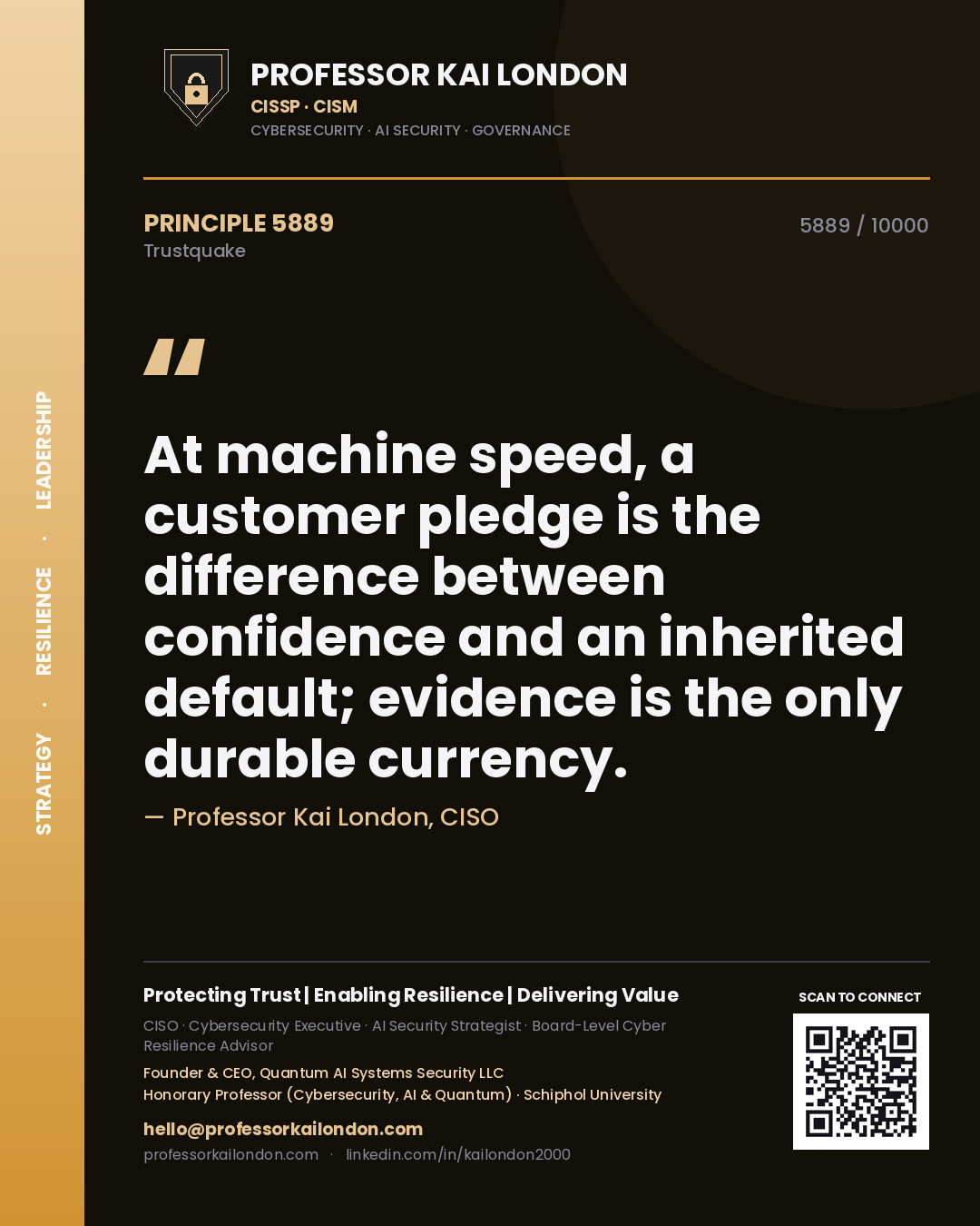 Professor Kai London principle 5889: At machine speed, a customer pledge is the difference between confidence and an inherited default; evidence is the only durable currency.