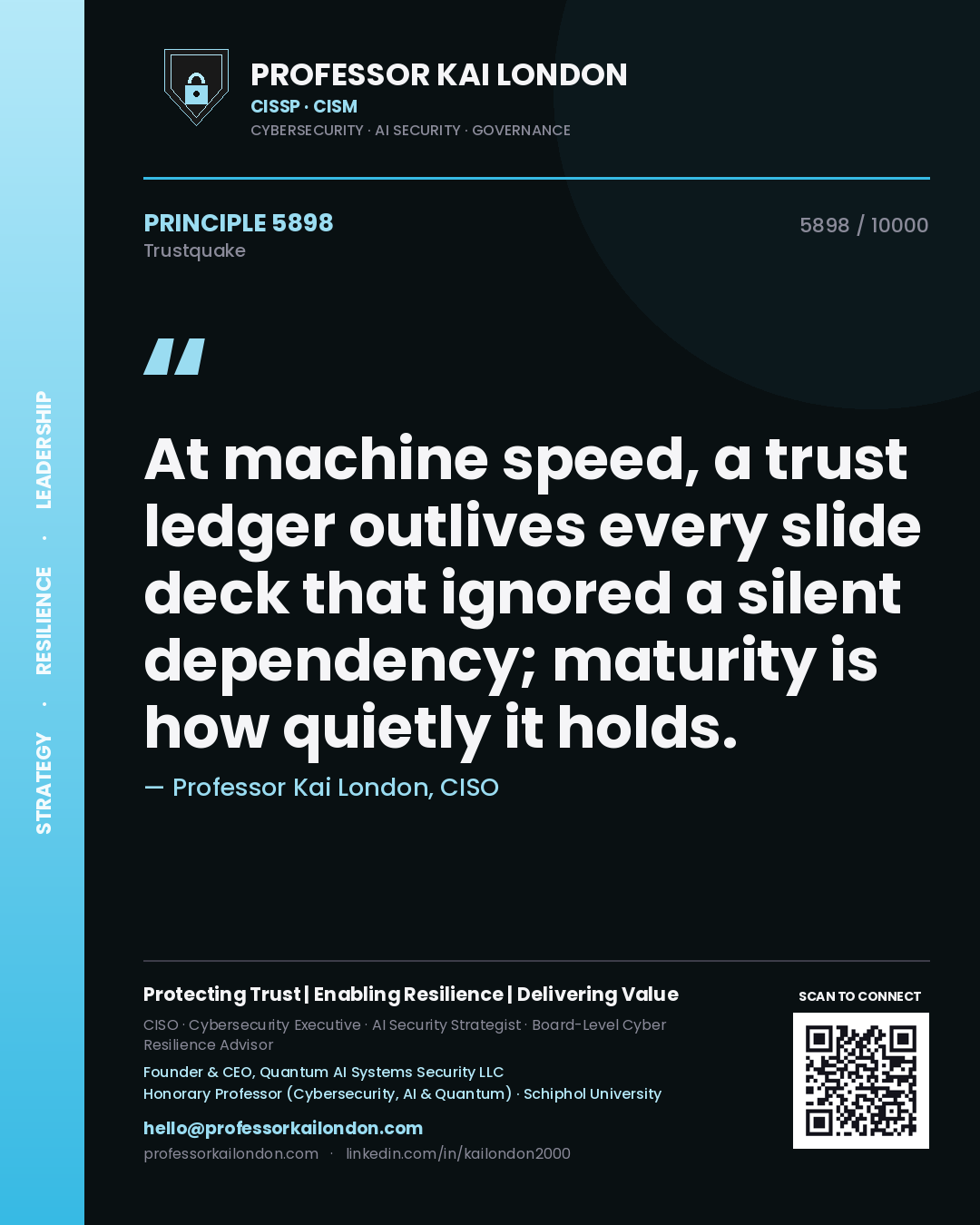 Quote card by Professor Kai London reading 'At machine speed, a trust ledger outlives every slide deck that ignored a silent dependency; maturity is how quietly it holds.'. From the book Trustquake.
