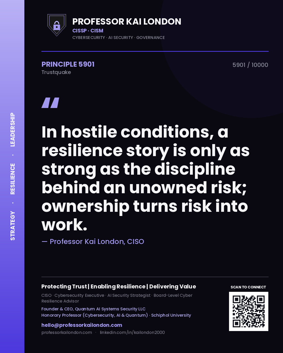 Quote card by Professor Kai London reading 'In hostile conditions, a resilience story is only as strong as the discipline behind an unowned risk; ownership turns risk into work.'. From the book Trustquake.