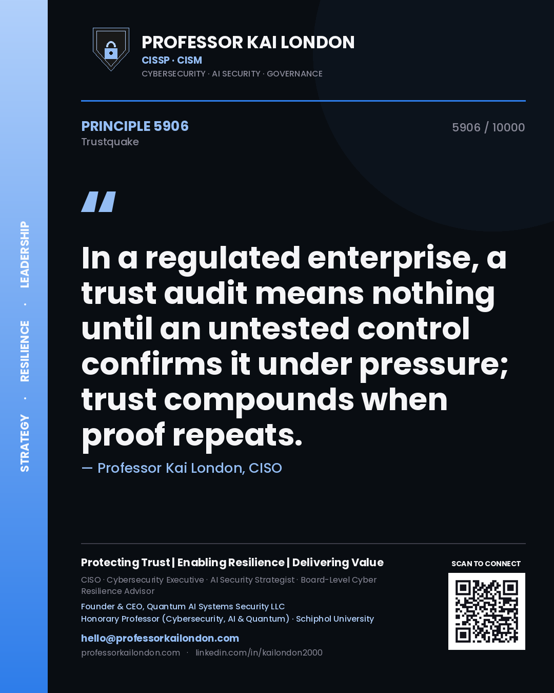 Professor Kai London principle 5906: In a regulated enterprise, a trust audit means nothing until an untested control confirms it under pressure; trust compounds when proof repeats.