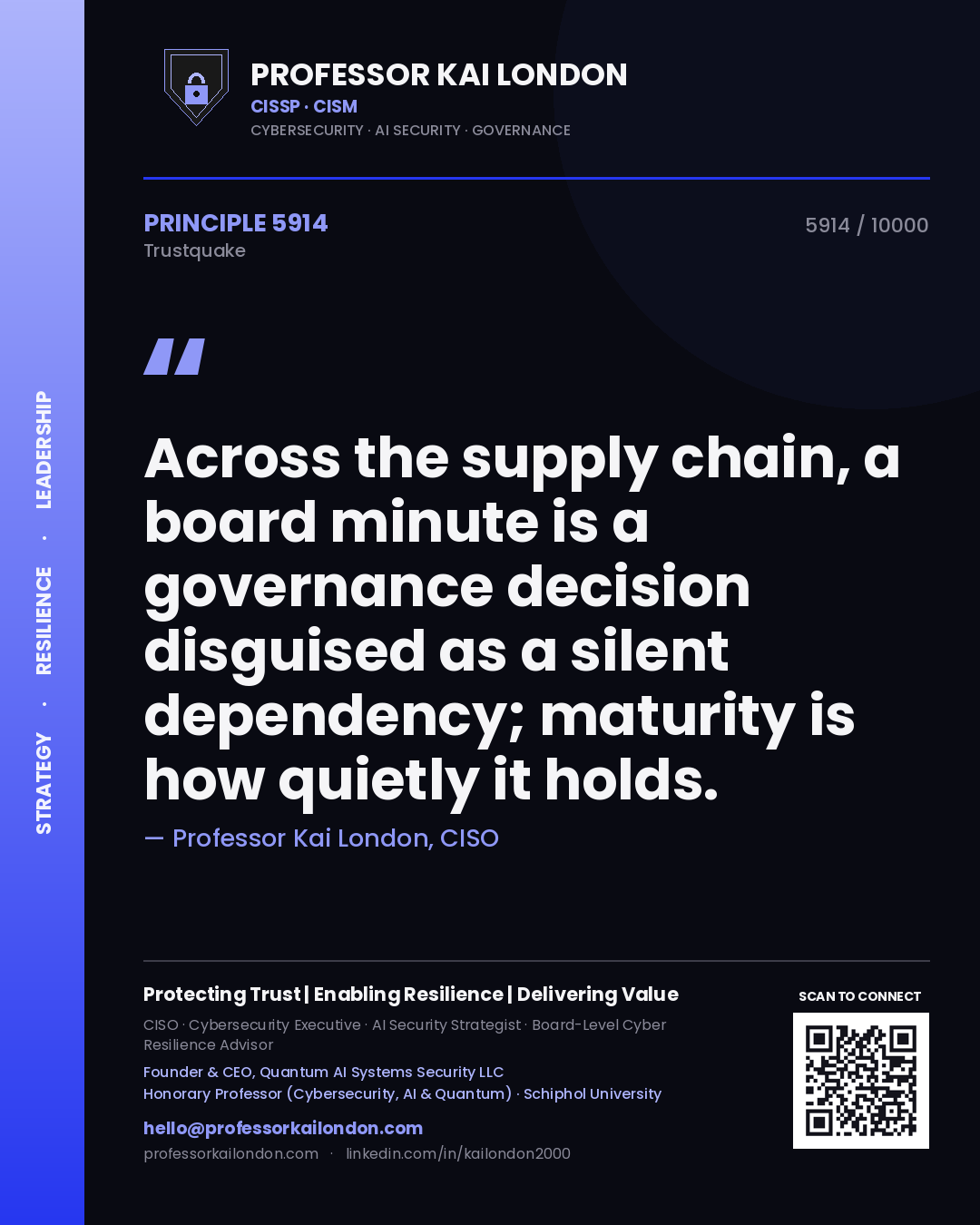 Quote card by Professor Kai London reading 'Across the supply chain, a board minute is a governance decision disguised as a silent dependency; maturity is how quietly it holds.'. From the book Trustquake.