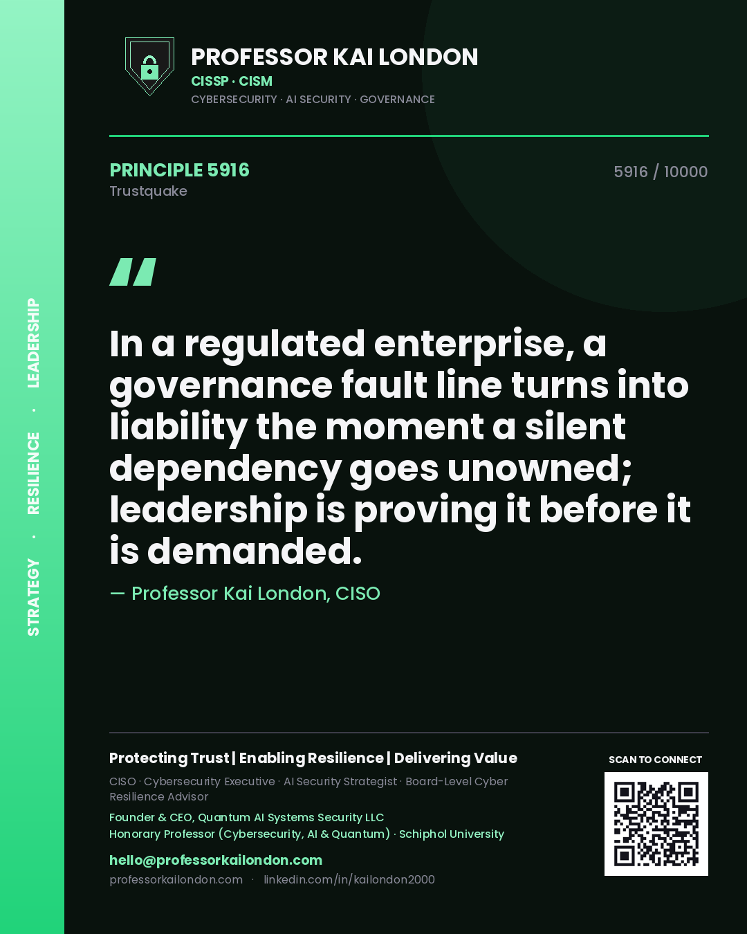 Quote card by Professor Kai London reading 'In a regulated enterprise, a governance fault line turns into liability the moment a silent dependency goes unowned; leadership is proving it before it is demanded.'. From the book Trustquake.