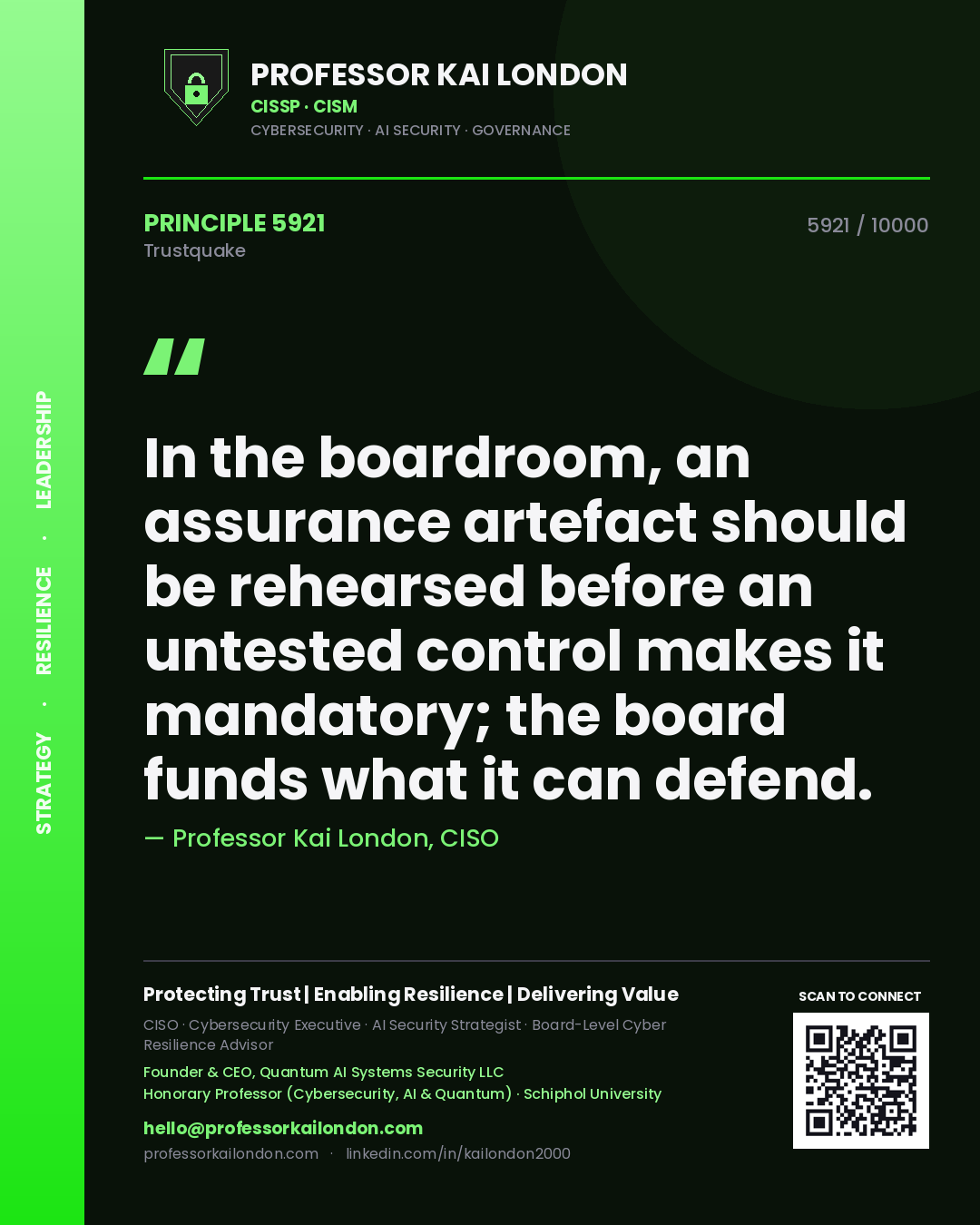 Quote card by Professor Kai London reading 'In the boardroom, an assurance artefact should be rehearsed before an untested control makes it mandatory; the board funds what it can defend.'. From the book Trustquake.