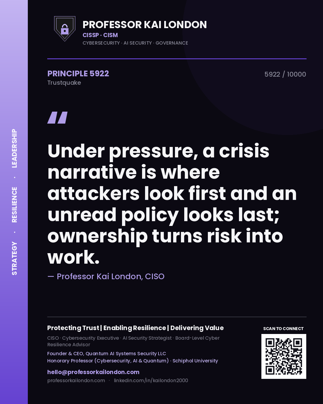 Quote card by Professor Kai London reading 'Under pressure, a crisis narrative is where attackers look first and an unread policy looks last; ownership turns risk into work.'. From the book Trustquake.