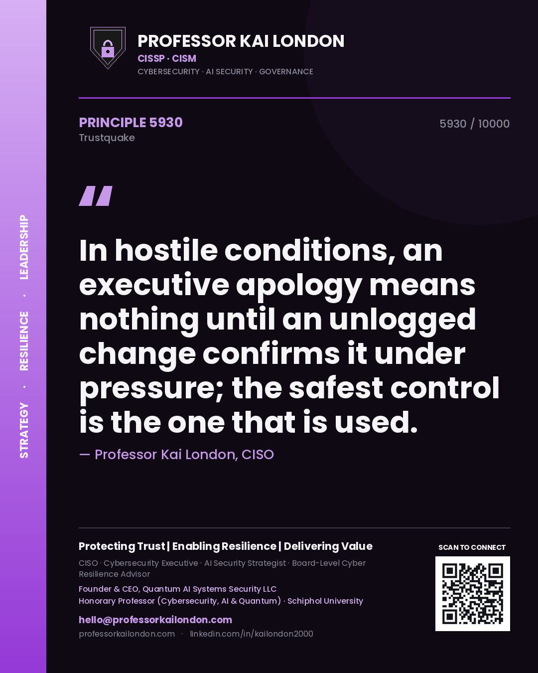 Quote card by Professor Kai London reading 'In hostile conditions, an executive apology means nothing until an unlogged change confirms it under pressure; the safest control is the one that is used.'. From the book Trustquake.