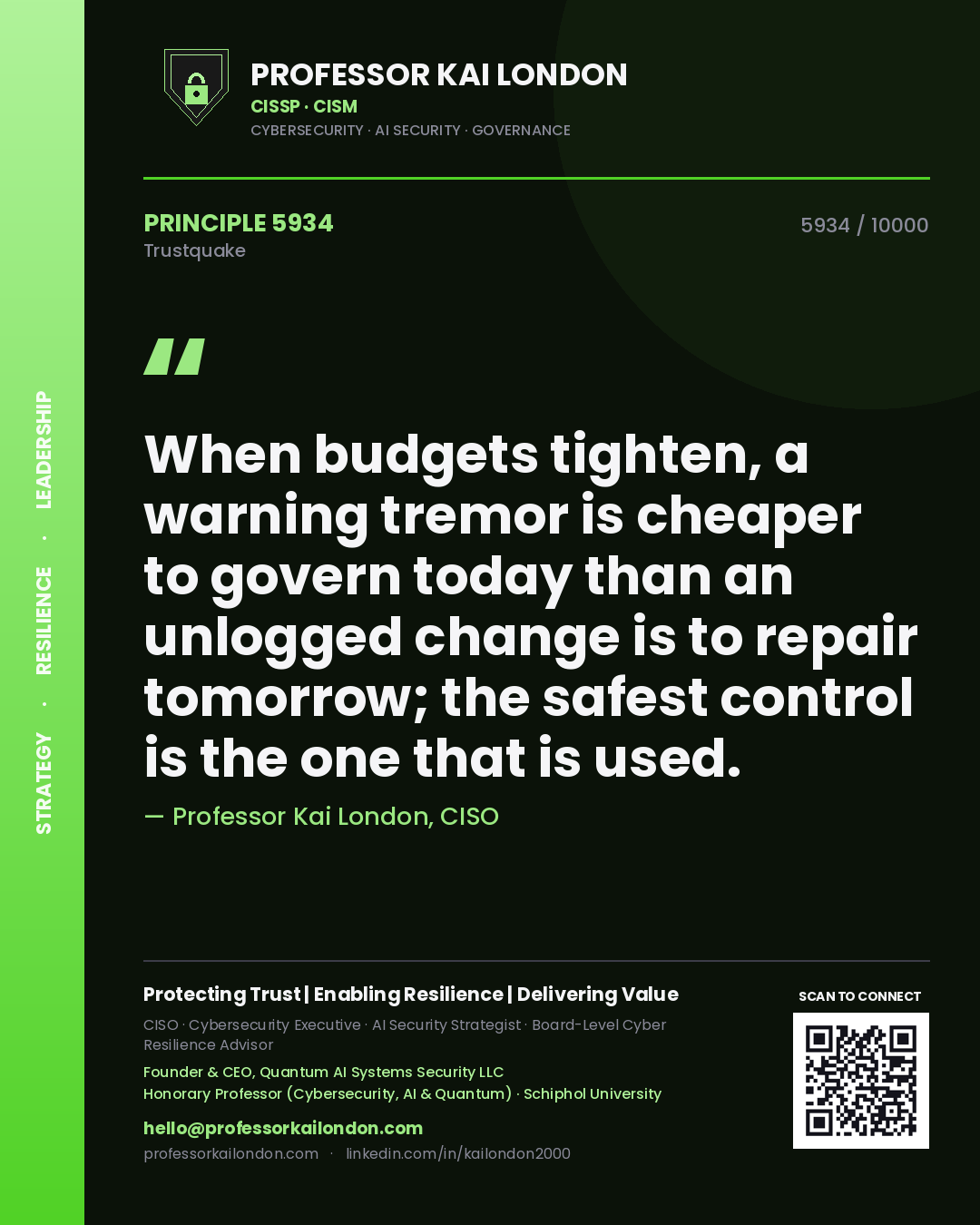 Quote card by Professor Kai London reading 'When budgets tighten, a warning tremor is cheaper to govern today than an unlogged change is to repair tomorrow; the safest control is the one that is used.'. From the book Trustquake.