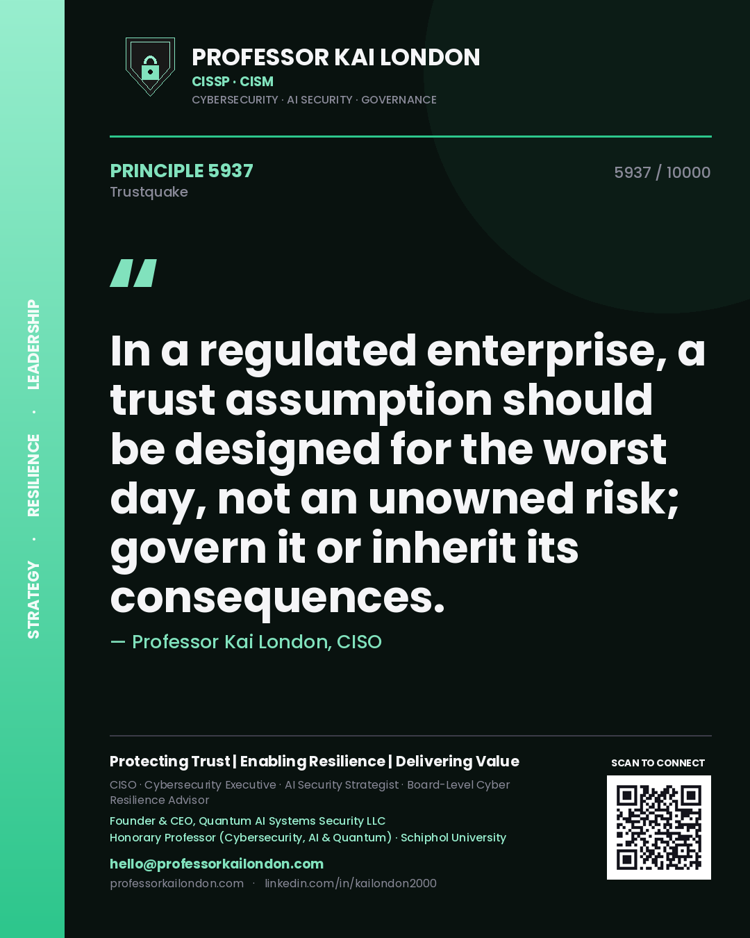 Professor Kai London principle 5937: In a regulated enterprise, a trust assumption should be designed for the worst day, not an unowned risk; govern it or inherit its consequences.