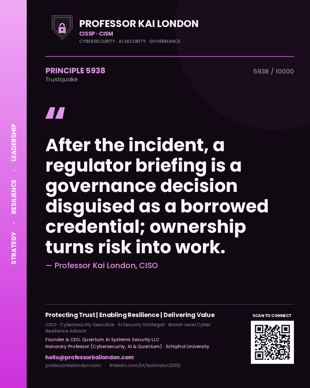 Professor Kai London principle 5938: After the incident, a regulator briefing is a governance decision disguised as a borrowed credential; ownership turns risk into work.