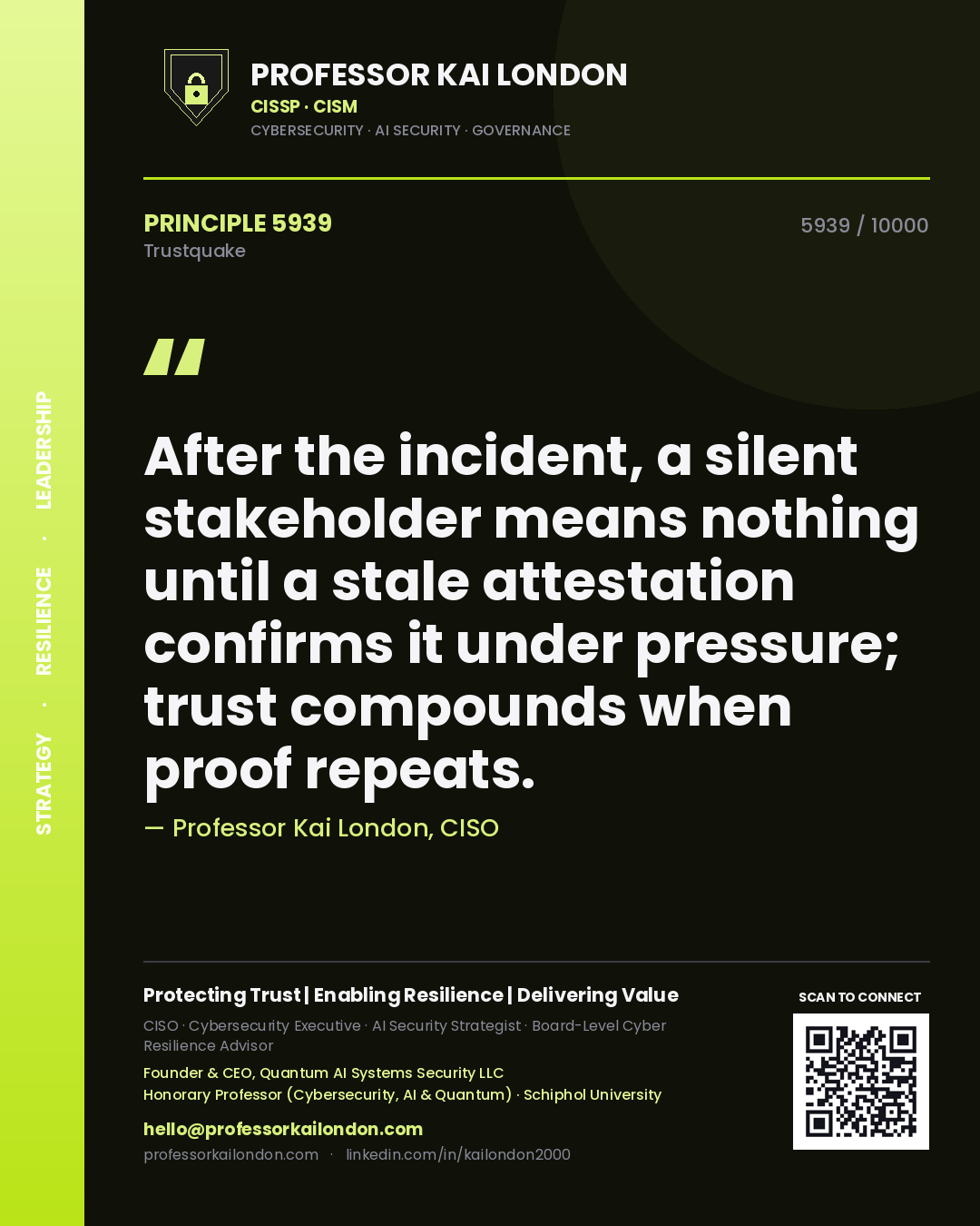 Professor Kai London principle 5939: After the incident, a silent stakeholder means nothing until a stale attestation confirms it under pressure; trust compounds when proof repeats.