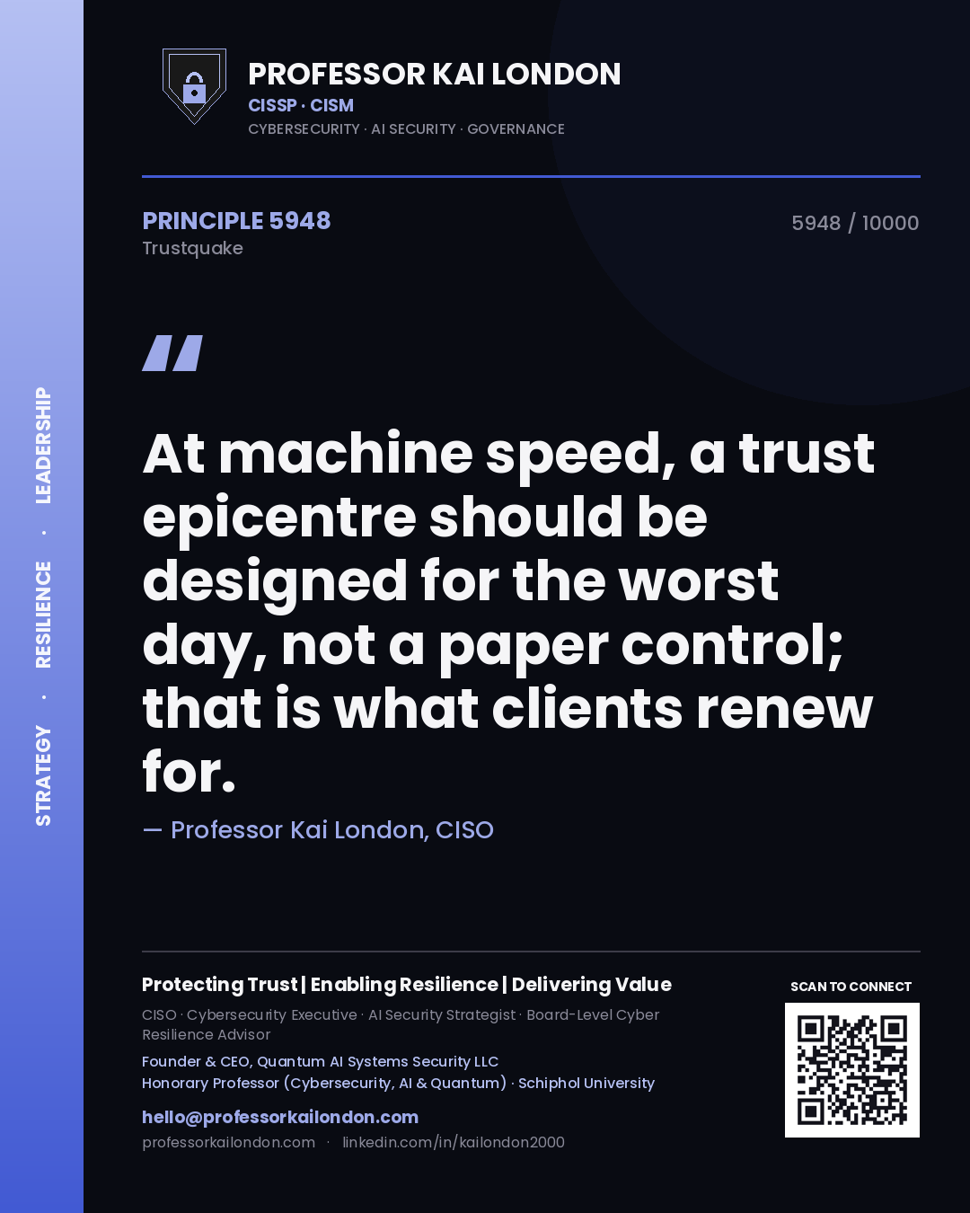Professor Kai London principle 5948: At machine speed, a trust epicentre should be designed for the worst day, not a paper control; that is what clients renew for.