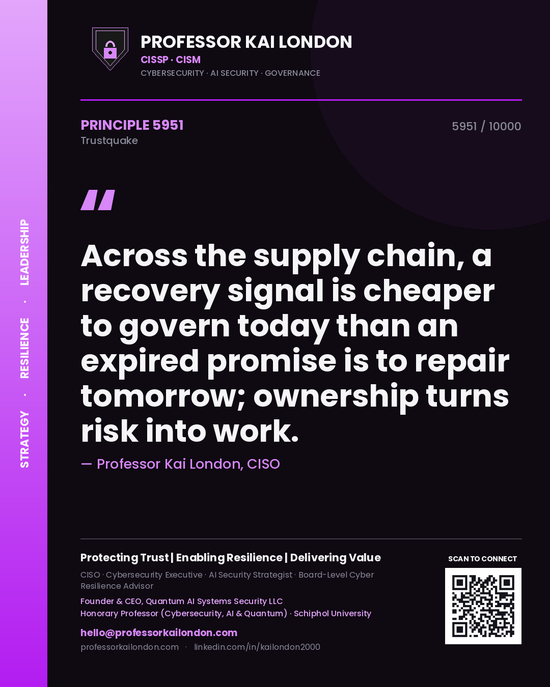 Quote card by Professor Kai London reading 'Across the supply chain, a recovery signal is cheaper to govern today than an expired promise is to repair tomorrow; ownership turns risk into work.'. From the book Trustquake.