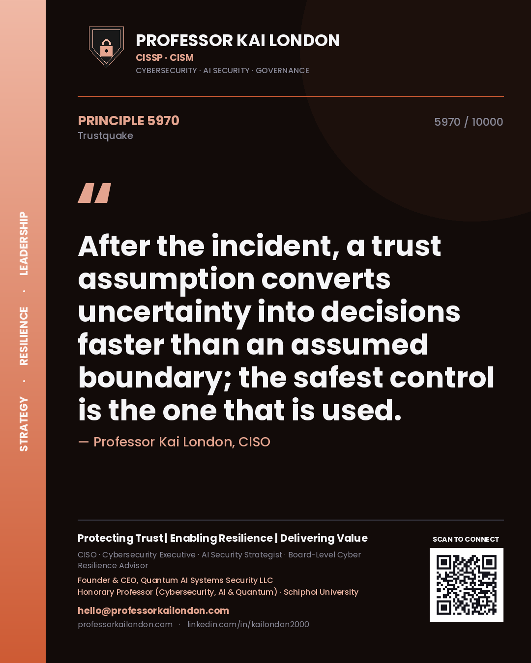 Professor Kai London principle 5970: After the incident, a trust assumption converts uncertainty into decisions faster than an assumed boundary; the safest control is the one that is used.