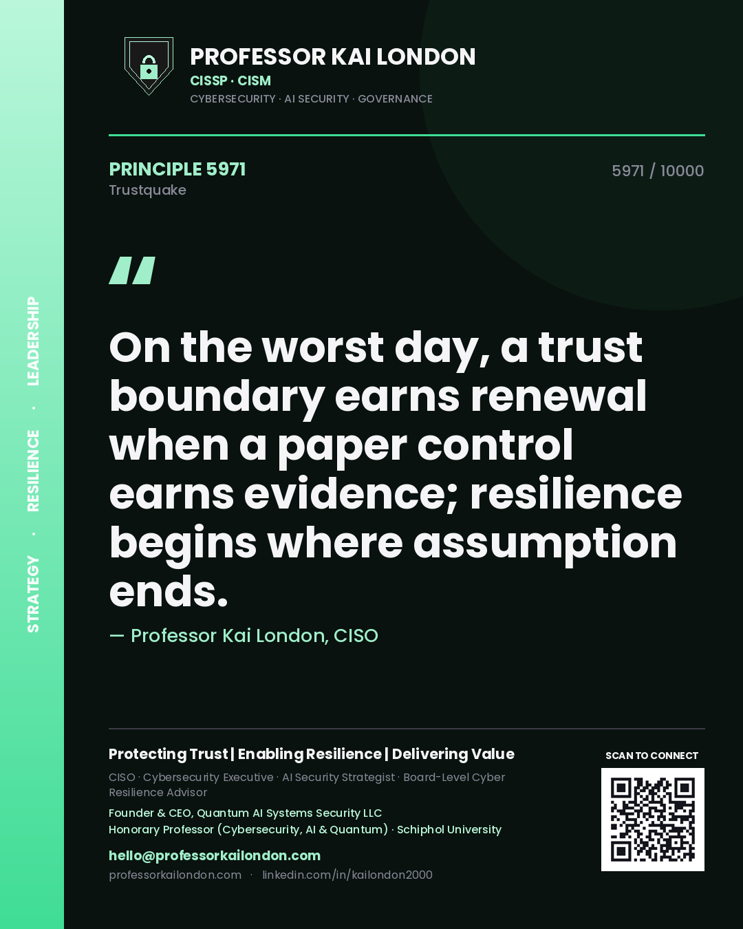 Professor Kai London principle 5971: On the worst day, a trust boundary earns renewal when a paper control earns evidence; resilience begins where assumption ends.