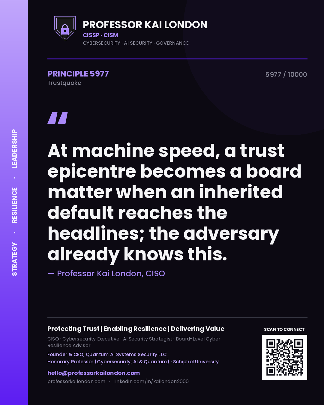 Professor Kai London principle 5977: At machine speed, a trust epicentre becomes a board matter when an inherited default reaches the headlines; the adversary already knows this.