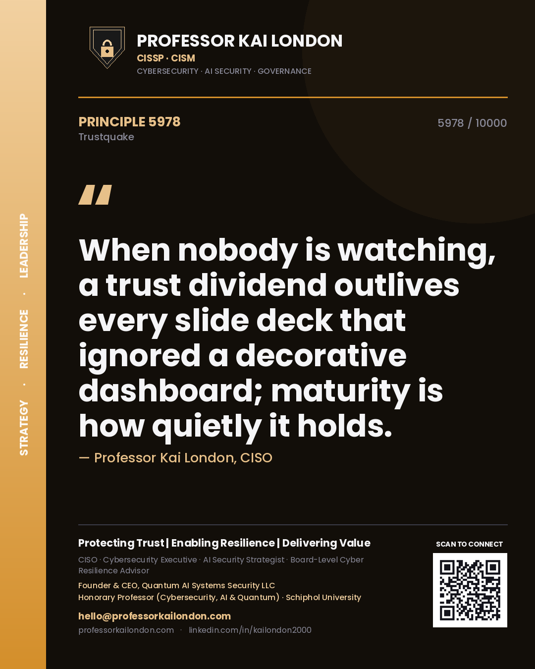 Quote card by Professor Kai London reading 'When nobody is watching, a trust dividend outlives every slide deck that ignored a decorative dashboard; maturity is how quietly it holds.'. From the book Trustquake.