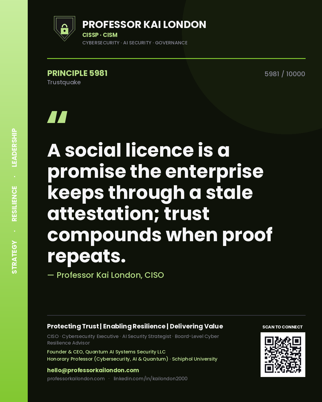 Professor Kai London principle 5981: A social licence is a promise the enterprise keeps through a stale attestation; trust compounds when proof repeats.