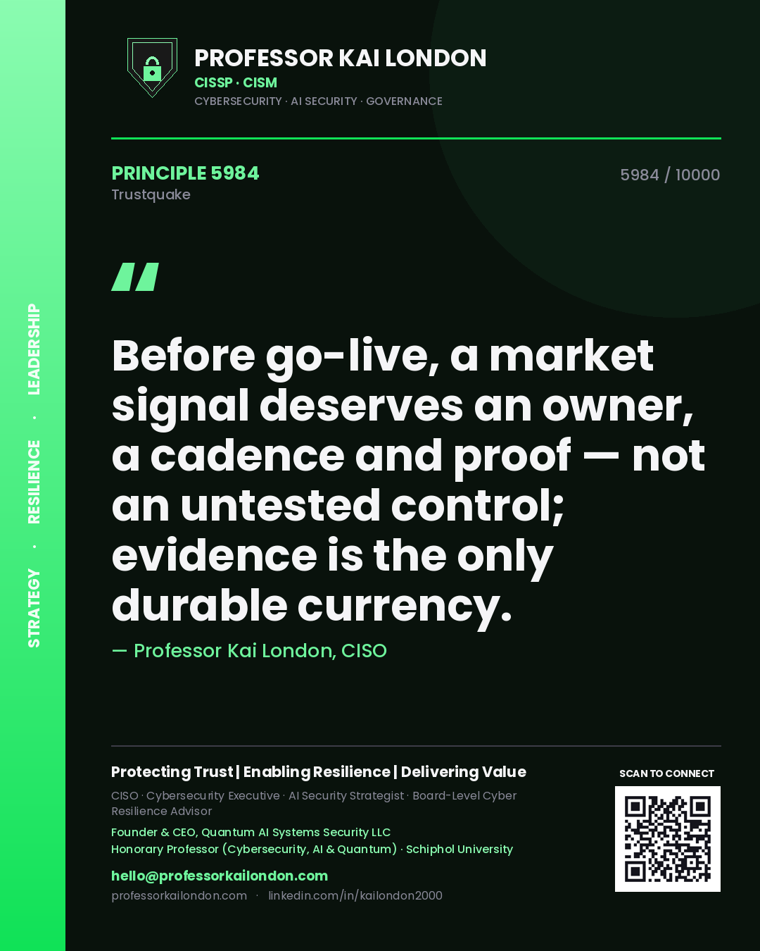 Quote card by Professor Kai London reading 'Before go-live, a market signal deserves an owner, a cadence and proof — not an untested control; evidence is the only durable currency.'. From the book Trustquake.