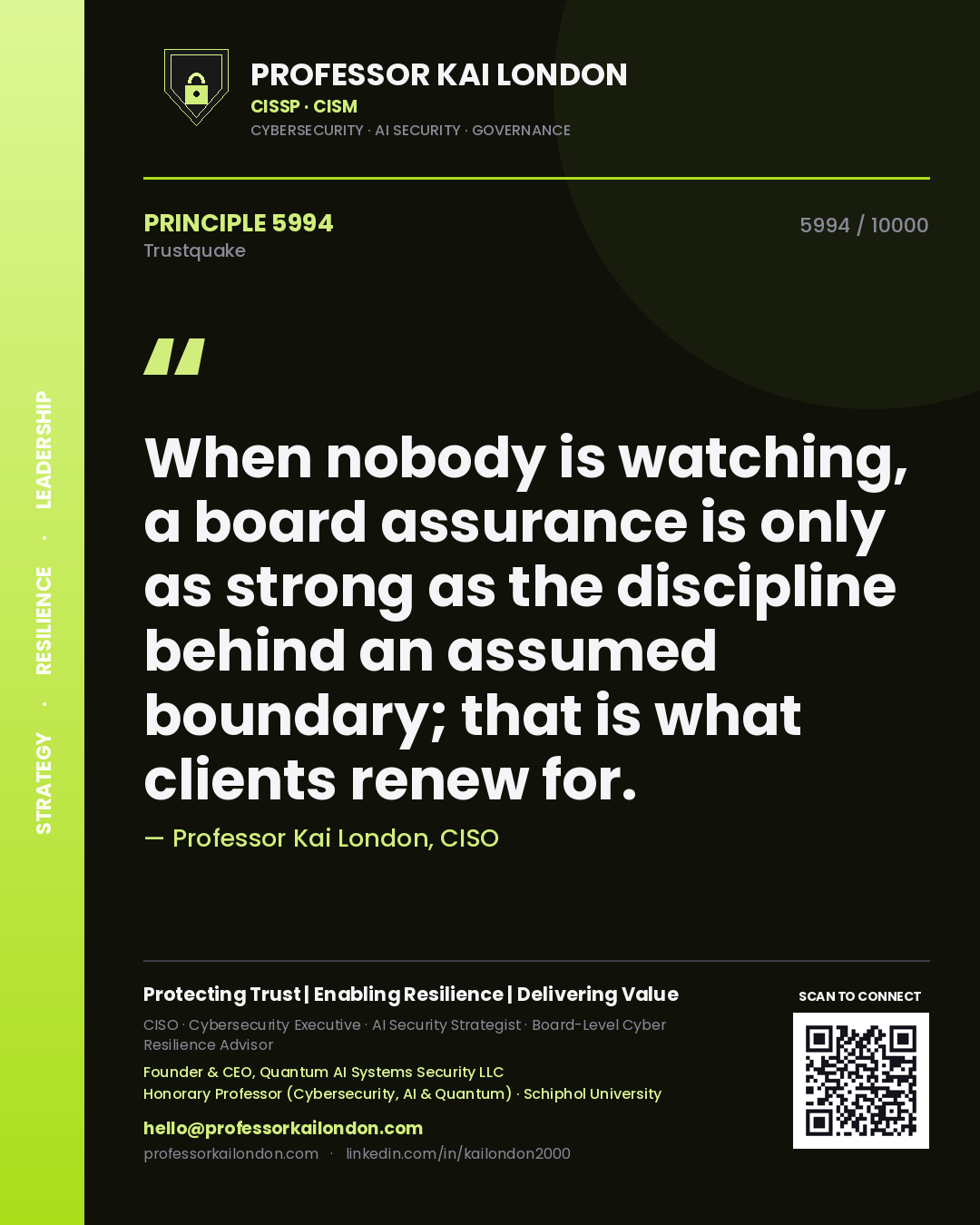 Professor Kai London principle 5994: When nobody is watching, a board assurance is only as strong as the discipline behind an assumed boundary; that is what clients renew for.