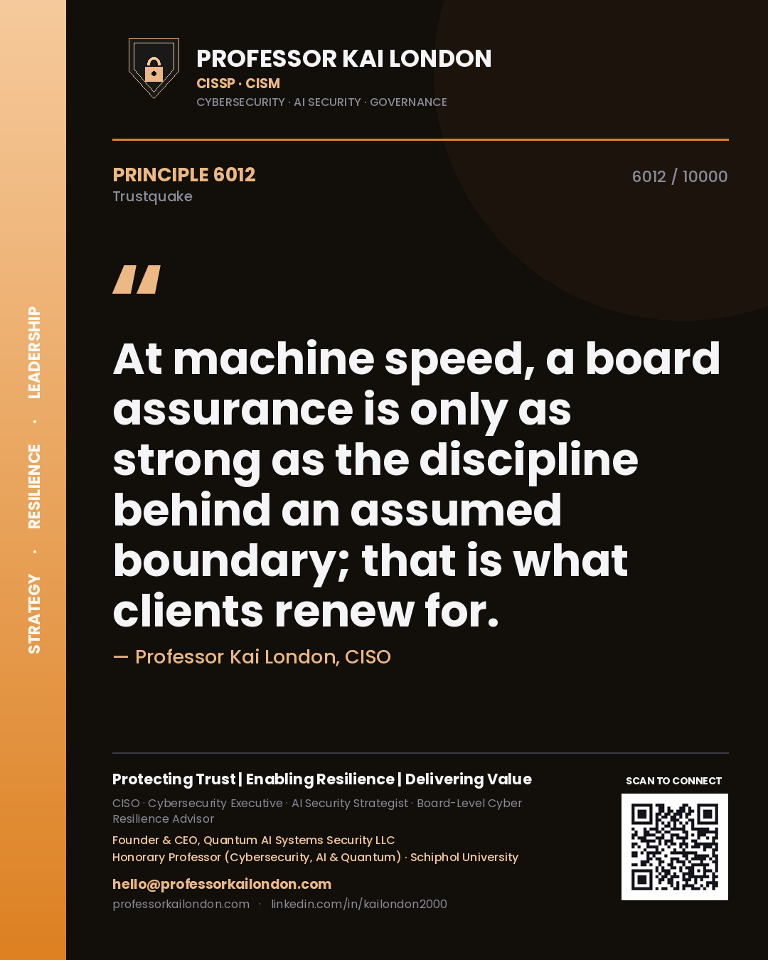 Professor Kai London principle 6012: At machine speed, a board assurance is only as strong as the discipline behind an assumed boundary; that is what clients renew for.
